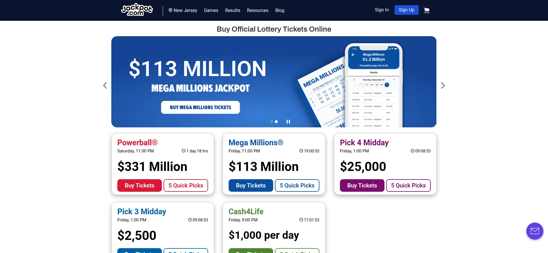 Website screenshot of Jackpot.com