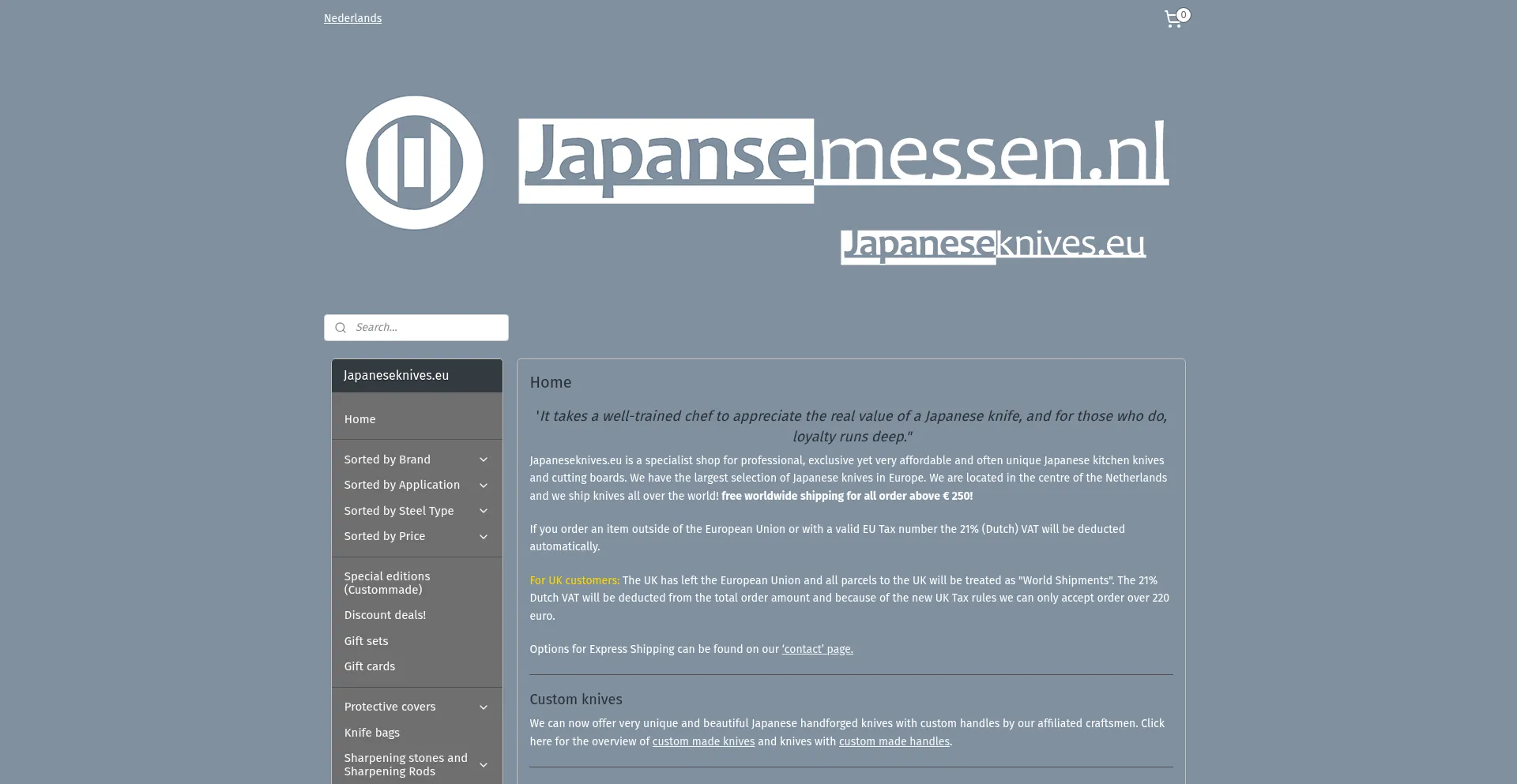 Website screenshot of Japaneseknives.eu