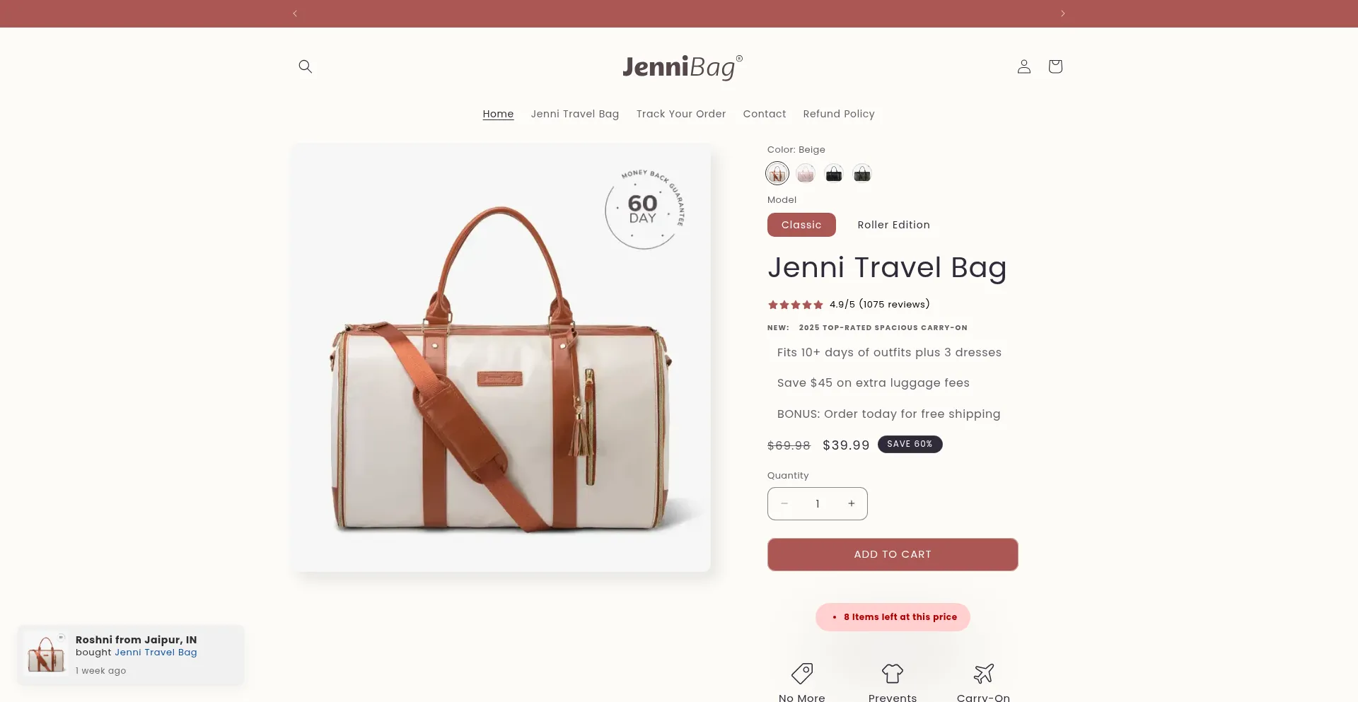 Website screenshot of Jennibag.online