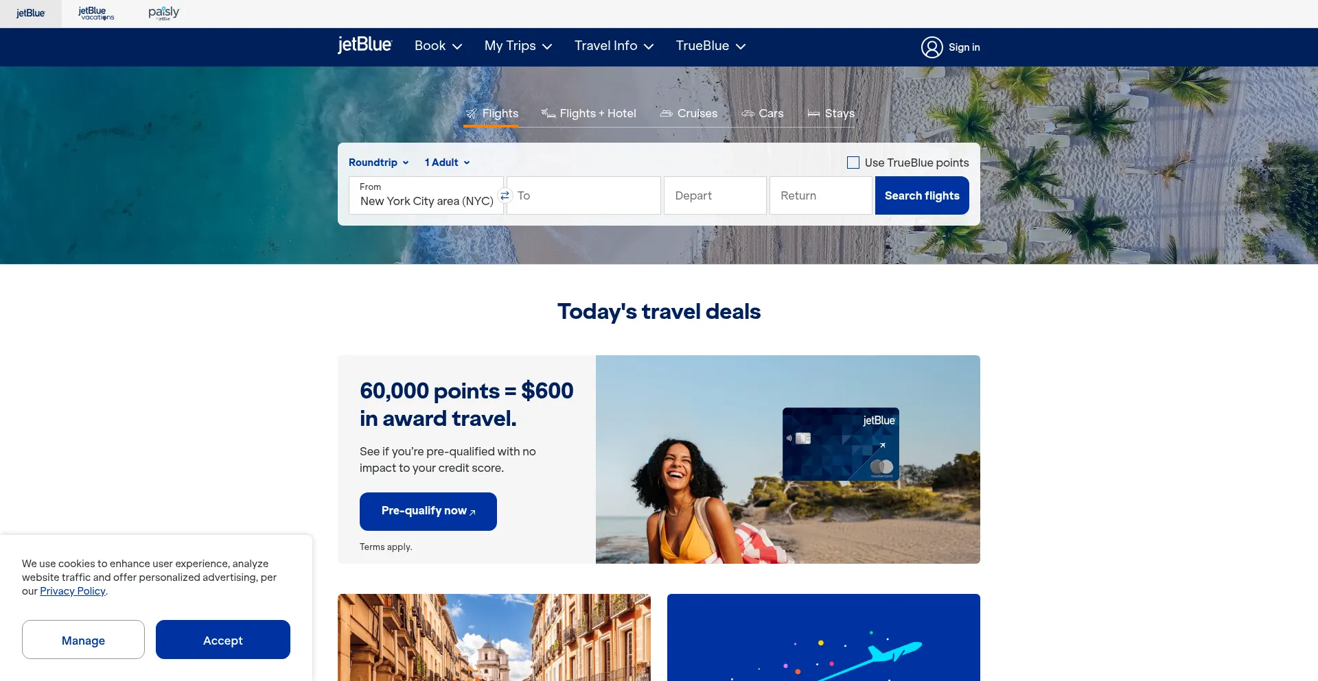 Website screenshot of Jetblue.com