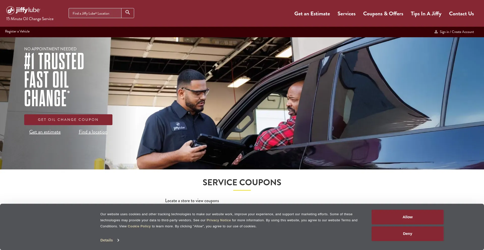 Website screenshot of Jiffylube.com