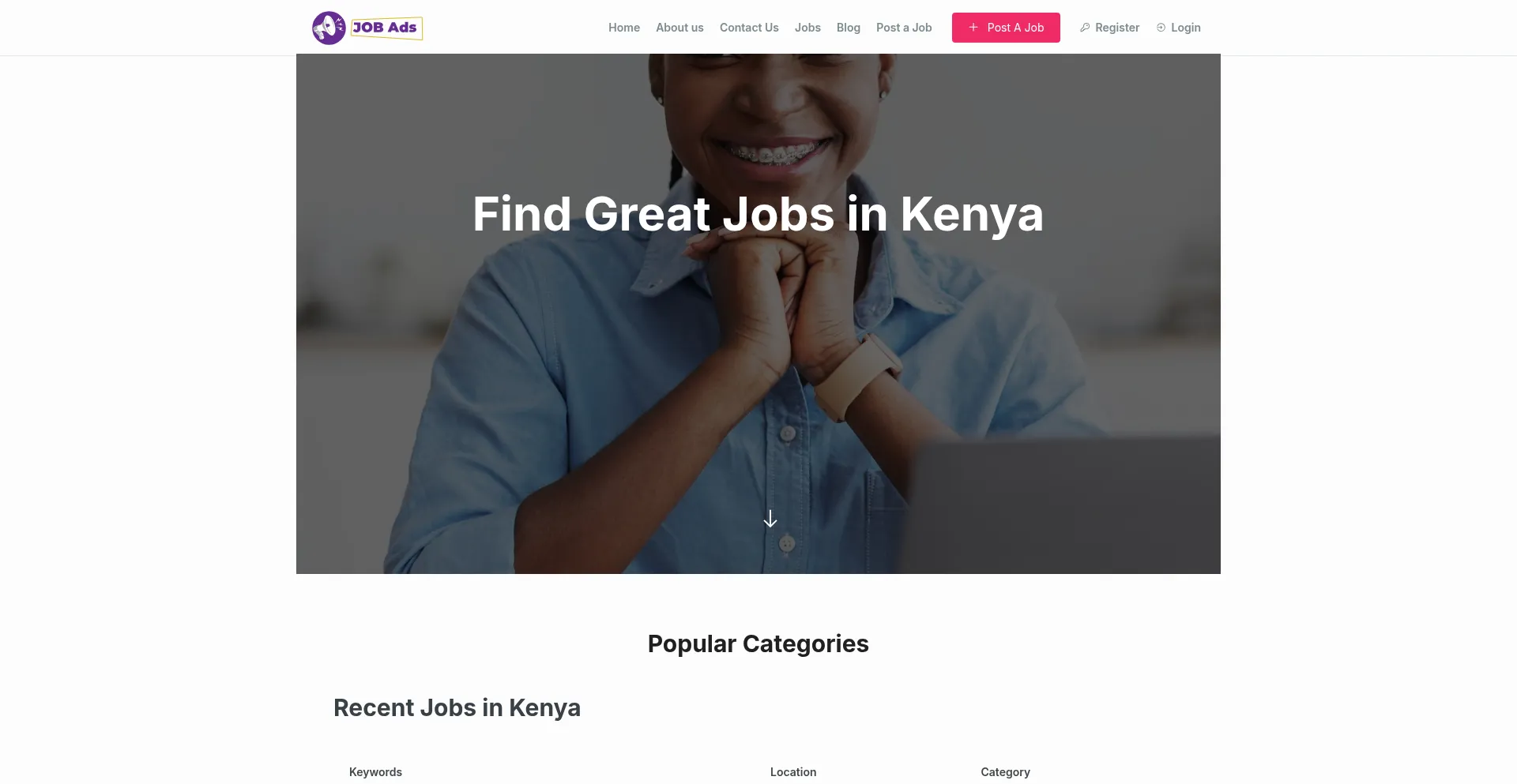 Website screenshot of Jobadverts.co.ke