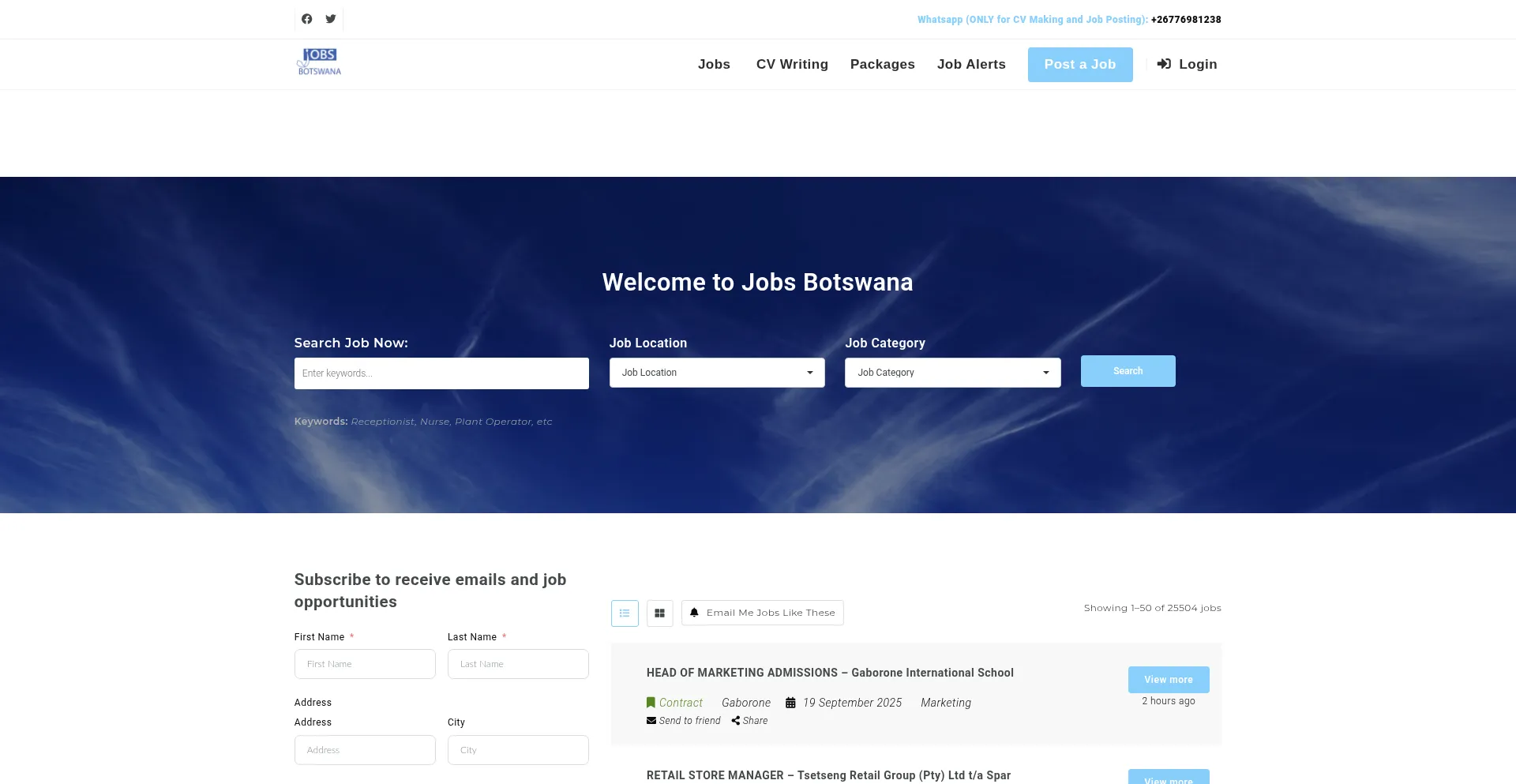 Website screenshot of Jobsbotswana.info