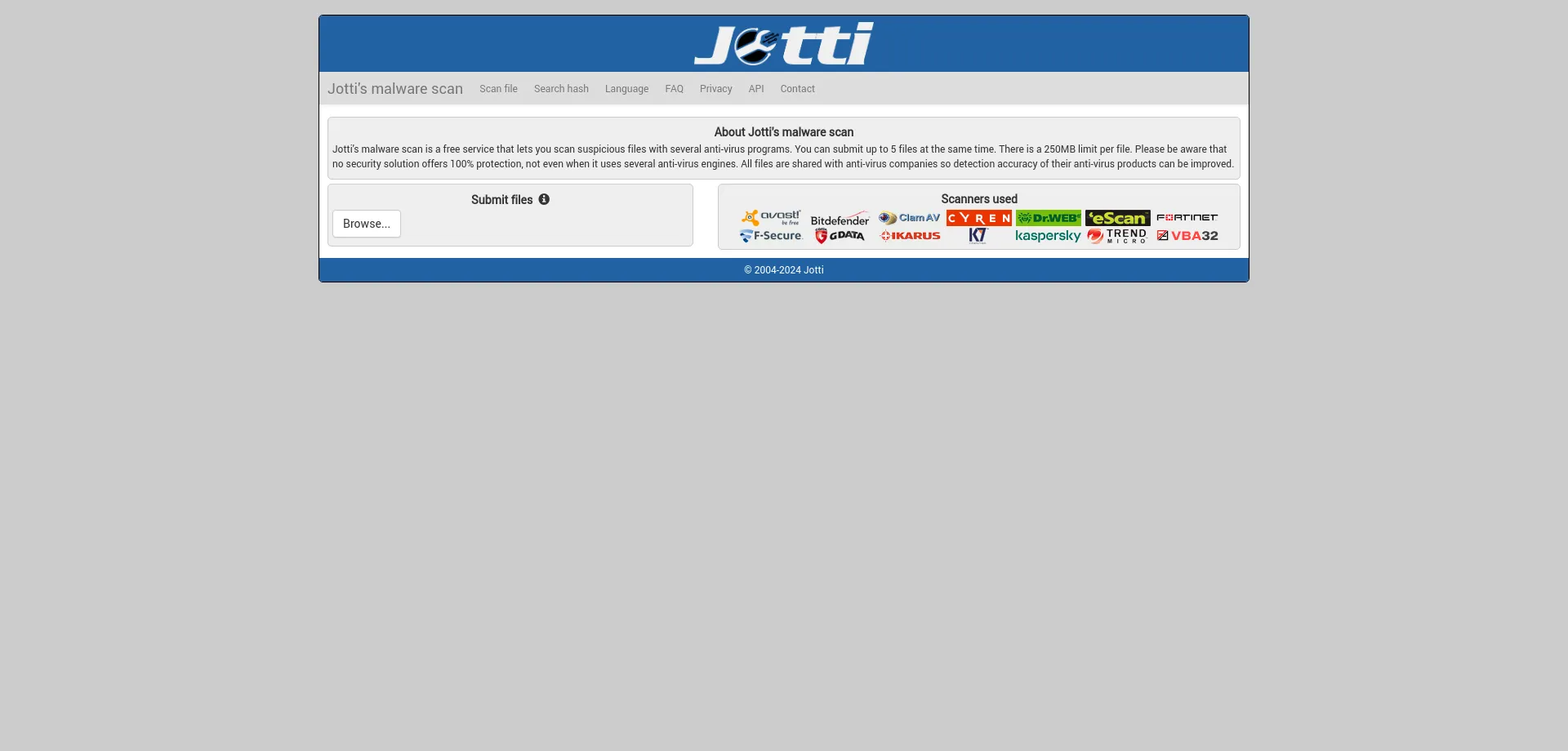 Website screenshot of Jotti.org