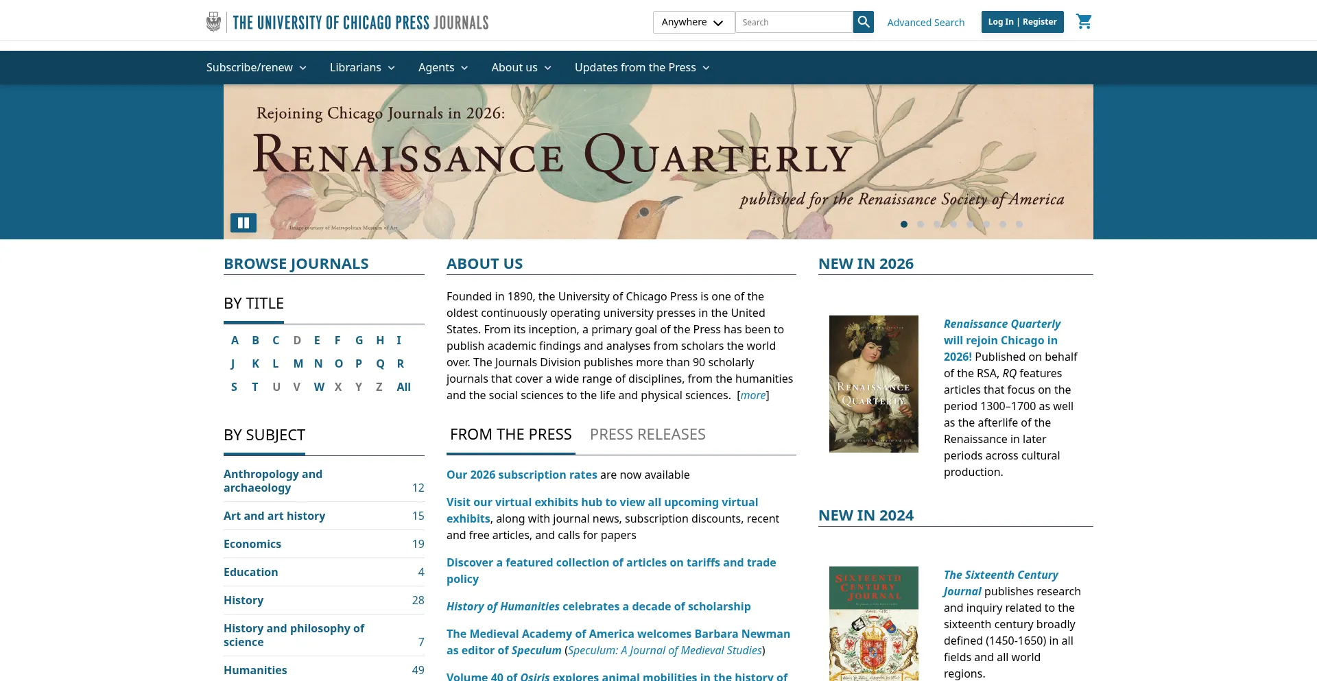Website screenshot of Journals.uchicago.edu