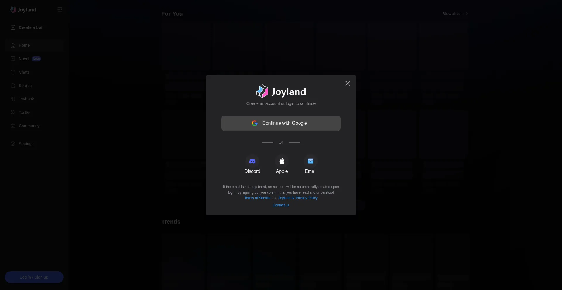 Website screenshot of Joyland.ai