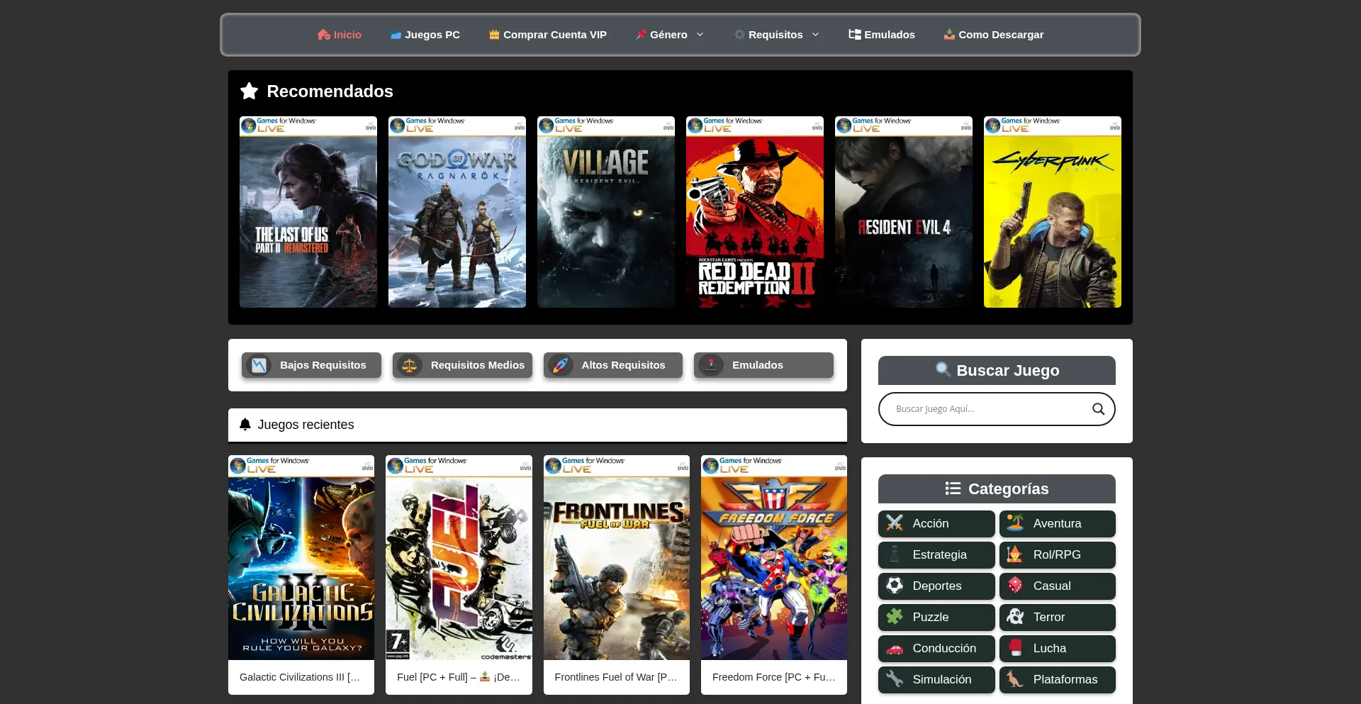Website screenshot of Juegospcmega.com