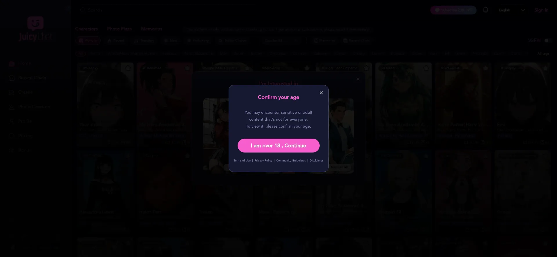 Website screenshot of Juicychat.ai