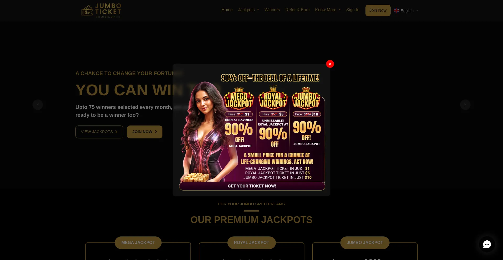 Website screenshot of Jumboticket.com