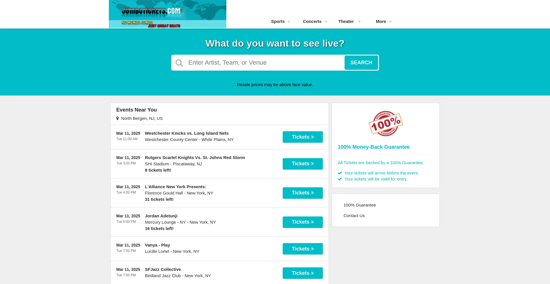 Website screenshot of Jumbotickets.com