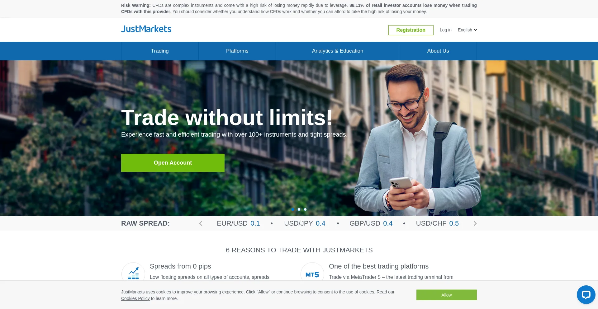 Website screenshot of Justmarkets.eu