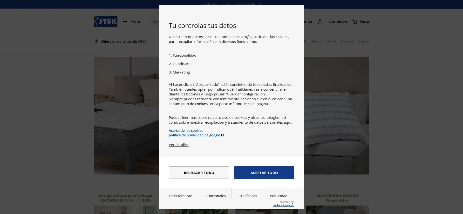 Website screenshot of Jysk.es