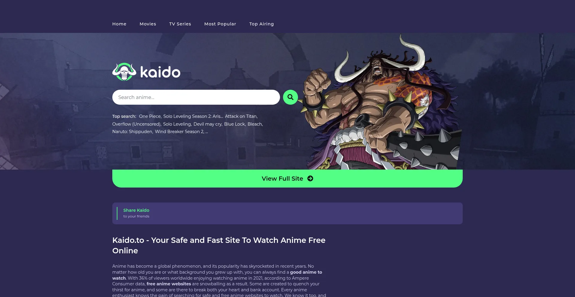 Website screenshot of Kaido.to