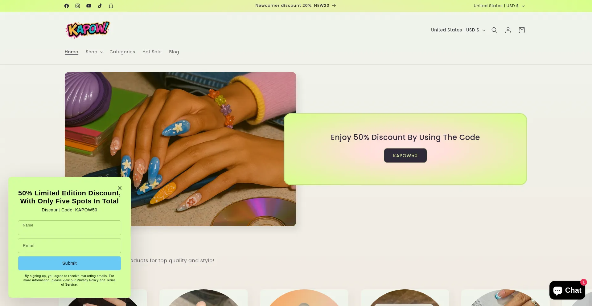Website screenshot of Kapownails.com