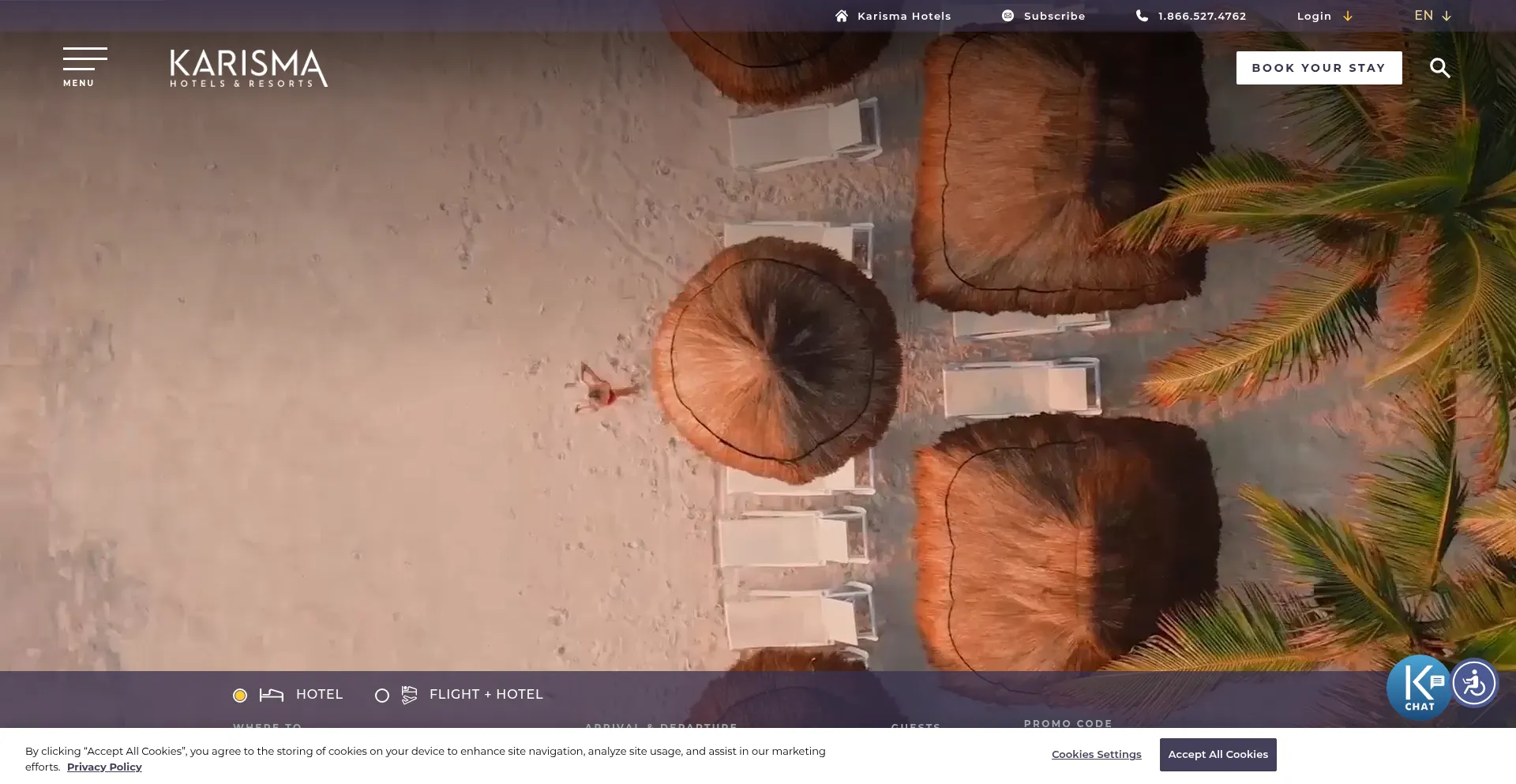 Website screenshot of Karismahotels.com
