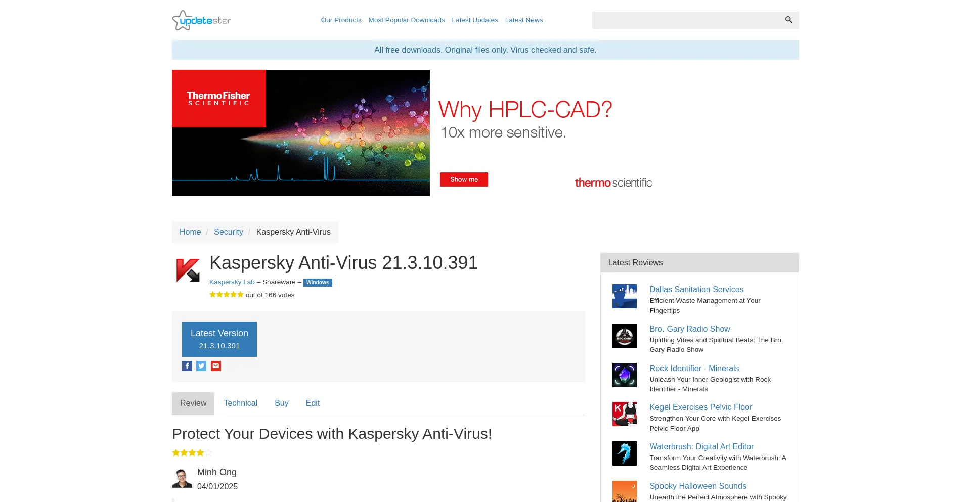 Website screenshot of Kaspersky-anti-virus.updatestar.com
