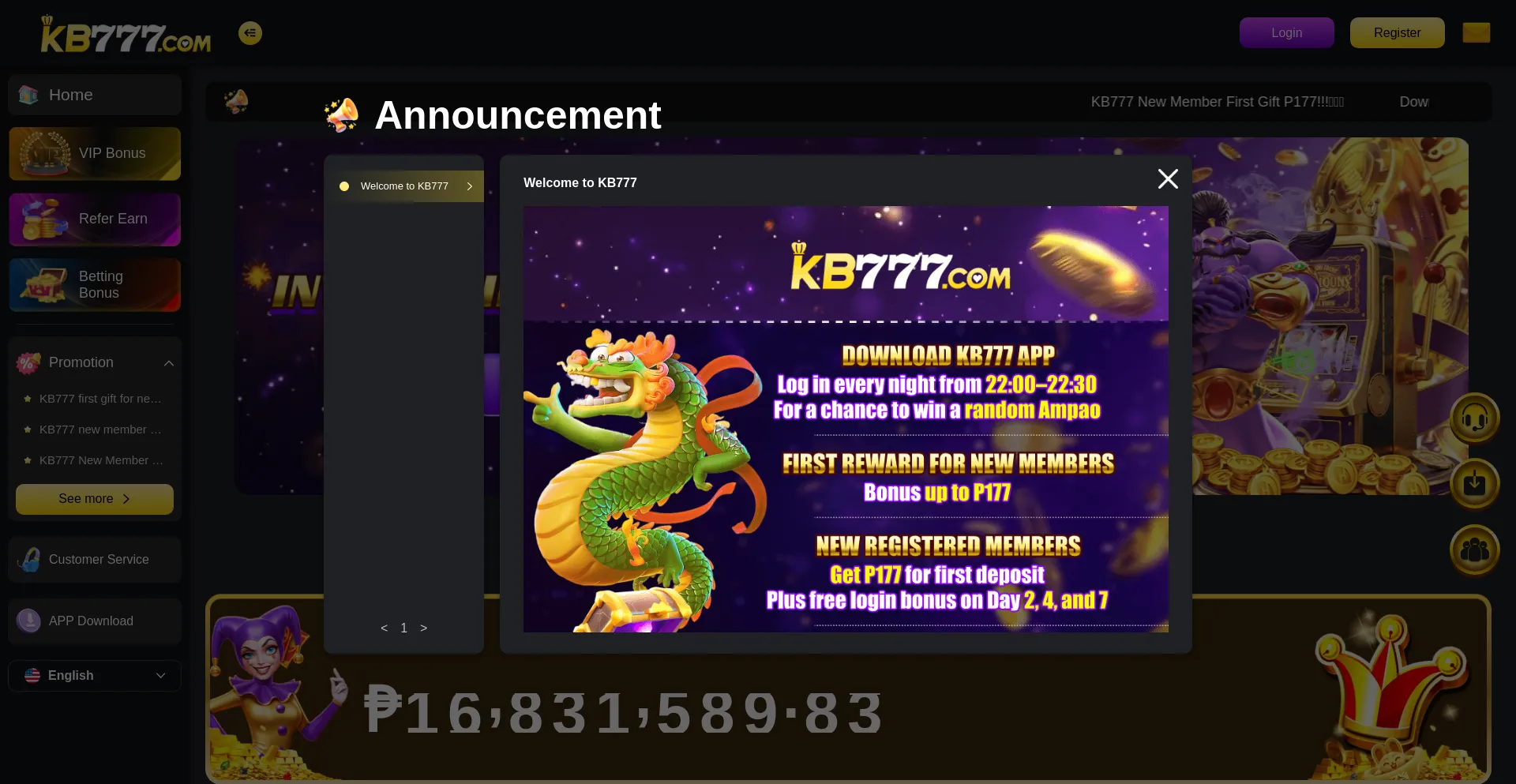 Website screenshot of Kb777.com