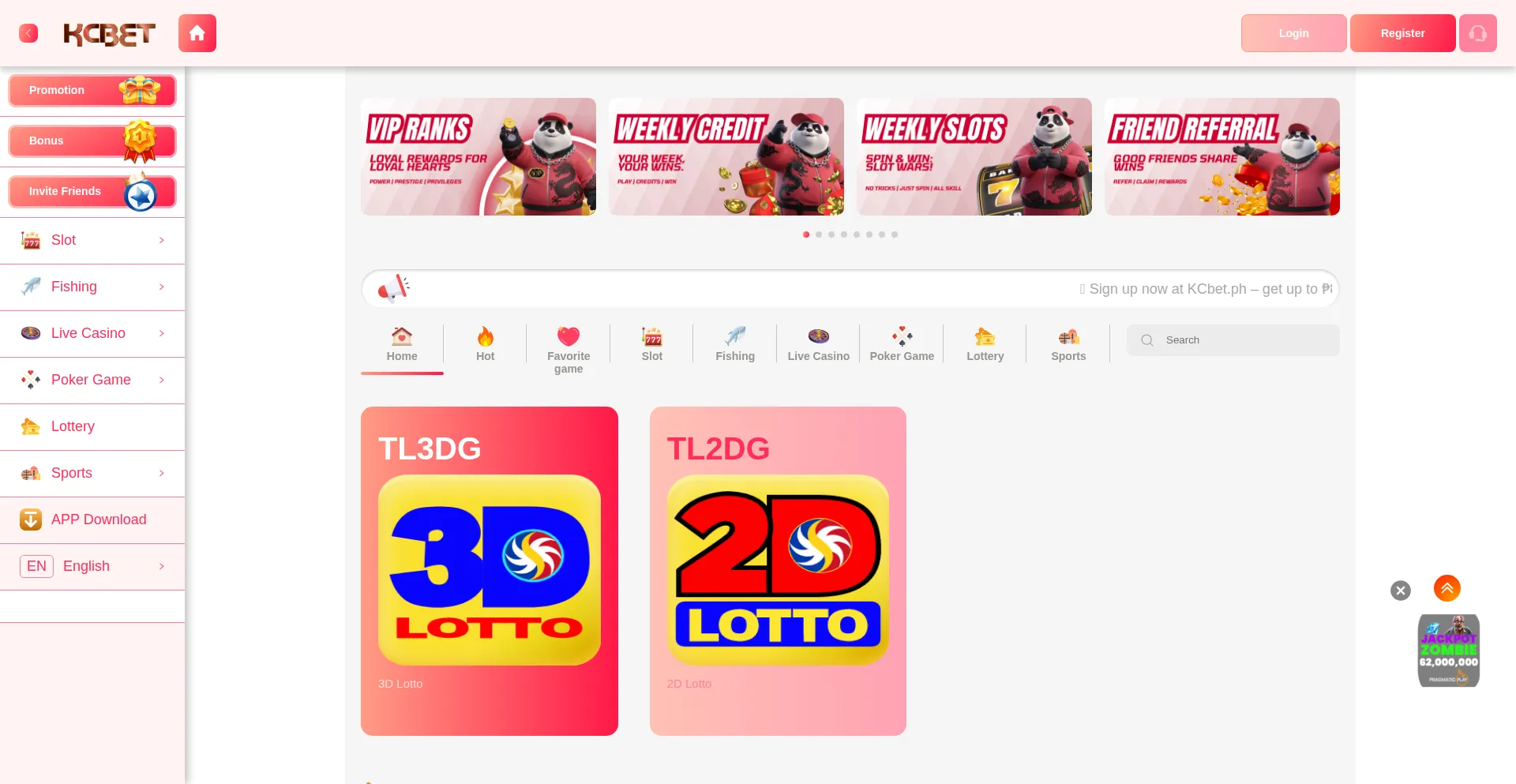 Website screenshot of Kcbet.ph