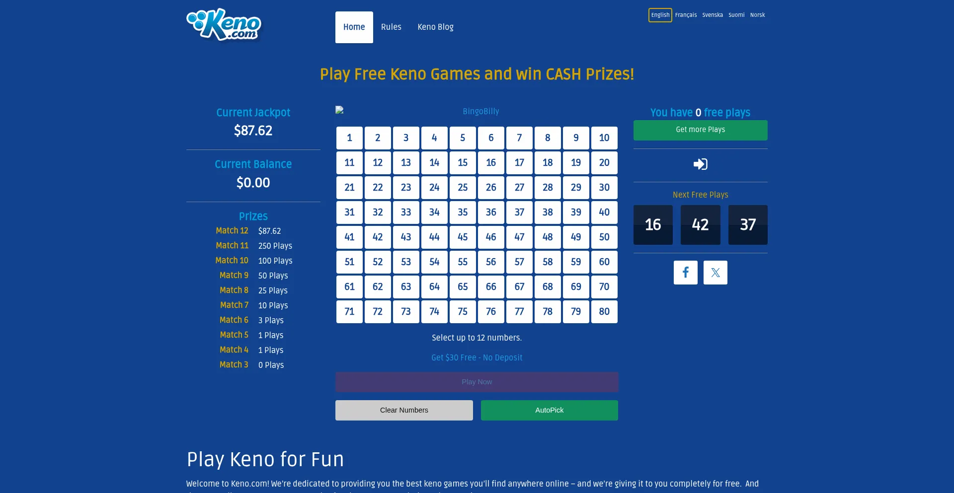 Website screenshot of Keno.com