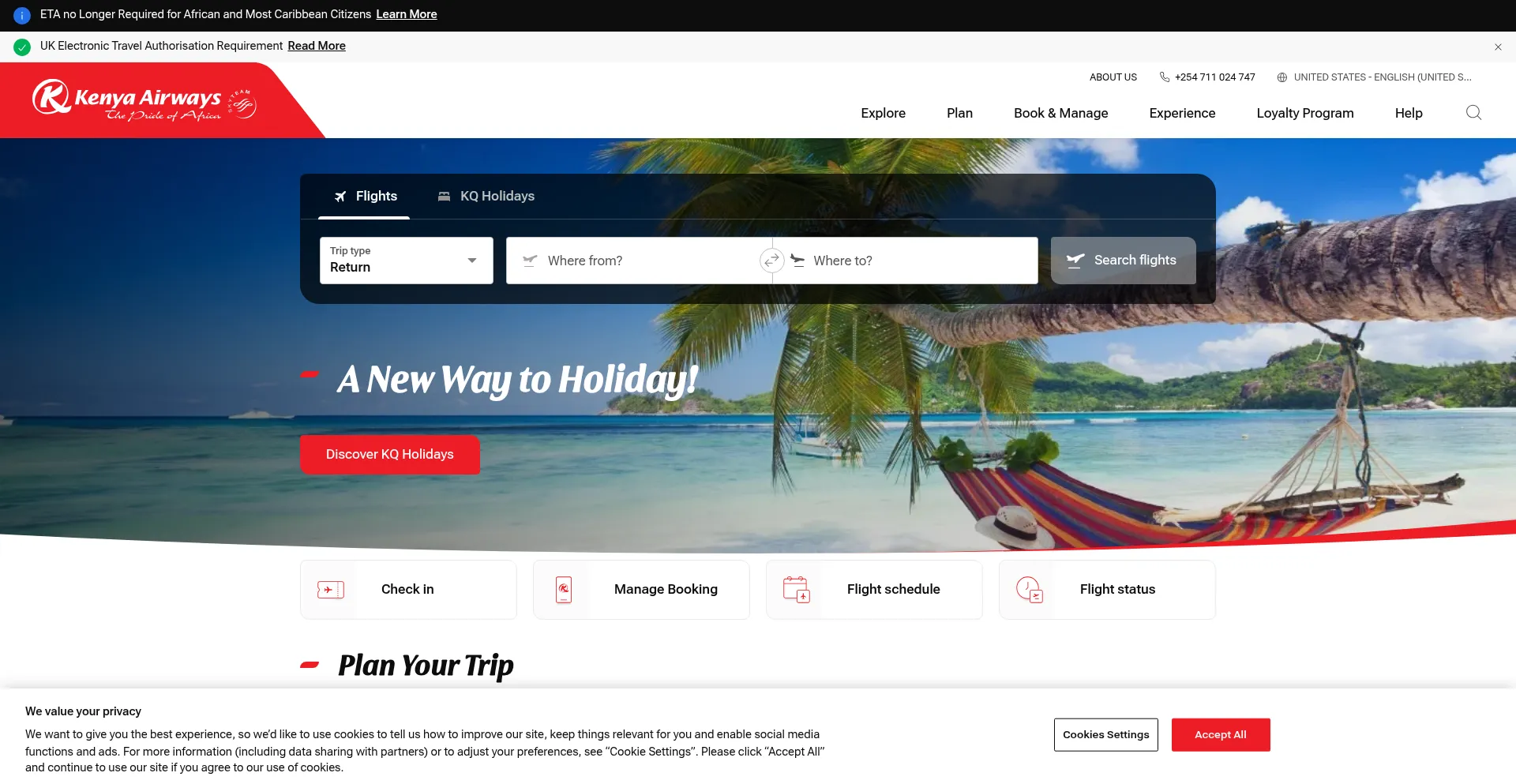 Website screenshot of Kenya-airways.com