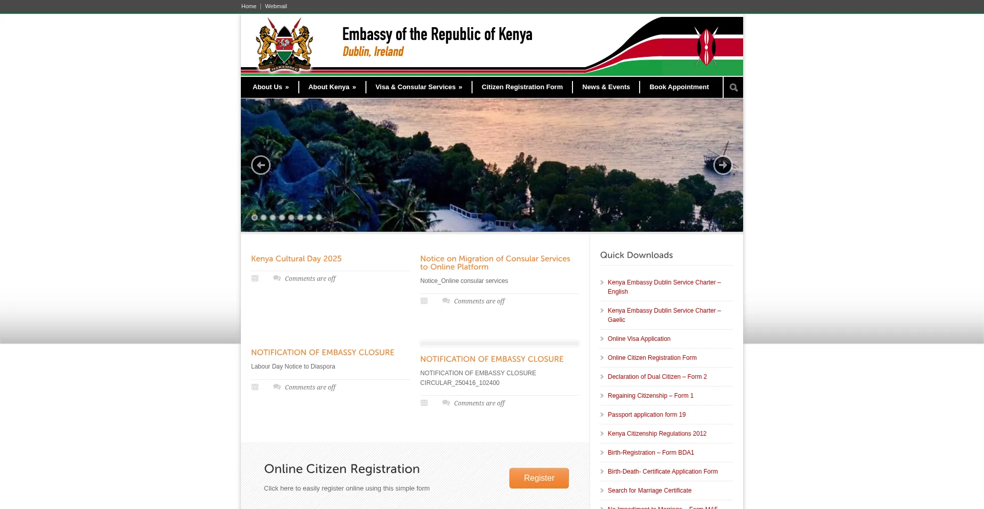 Website screenshot of Kenyaembassyireland.net