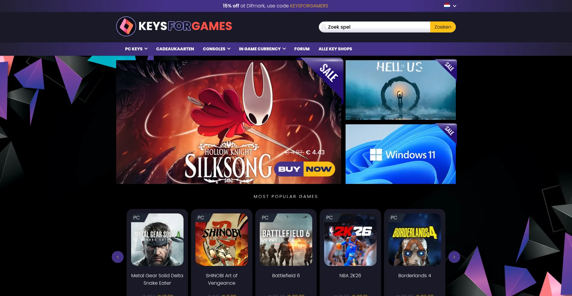 Website screenshot of Keysforgames.nl