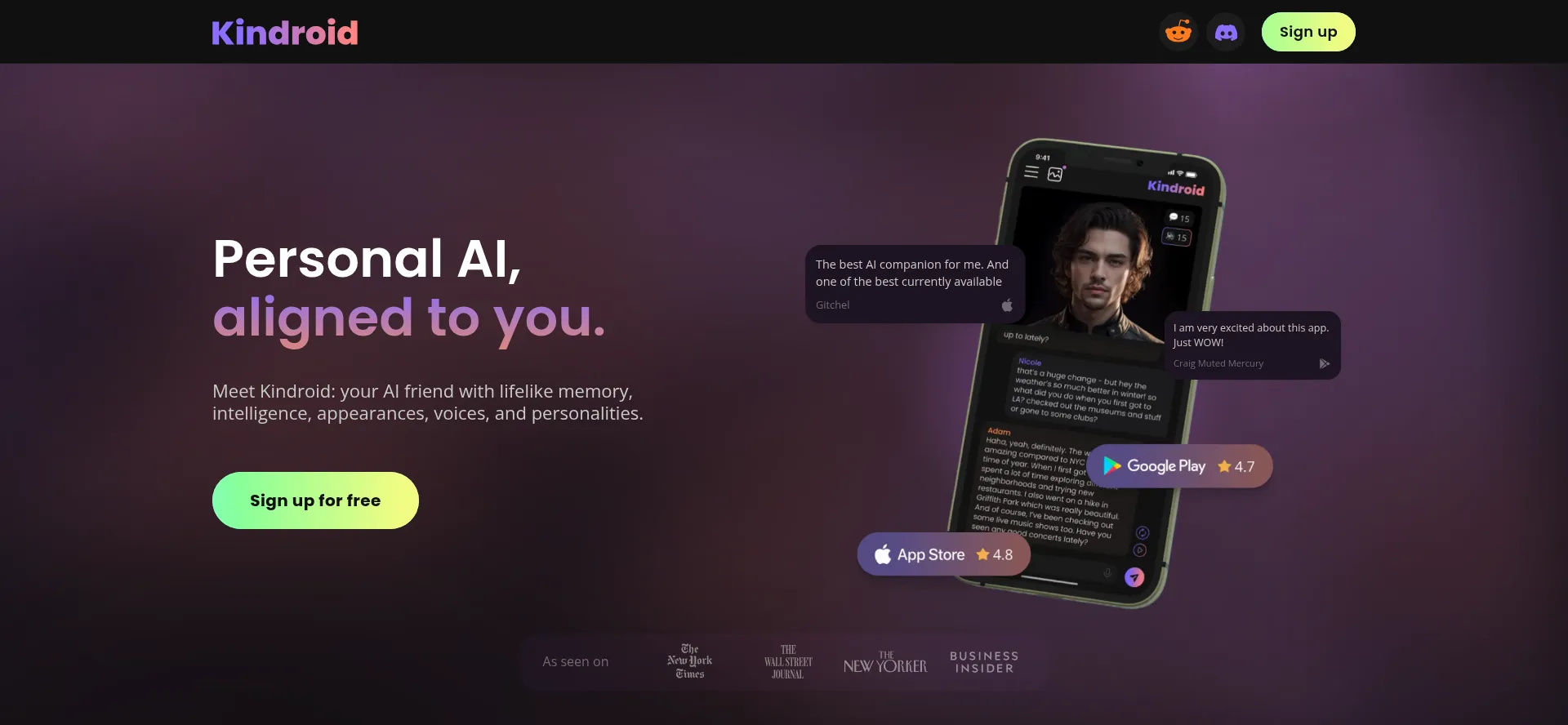 Website screenshot of Kindroid.ai
