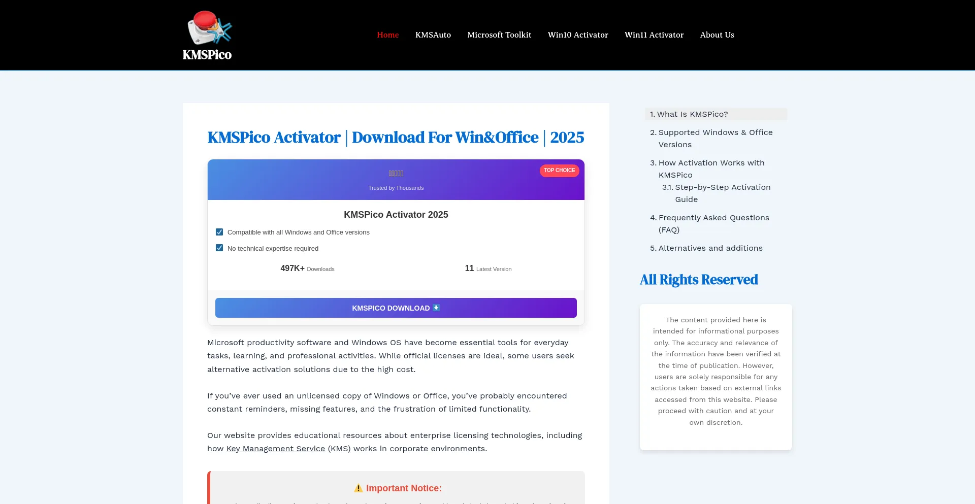 Website screenshot of Kmspico.lc