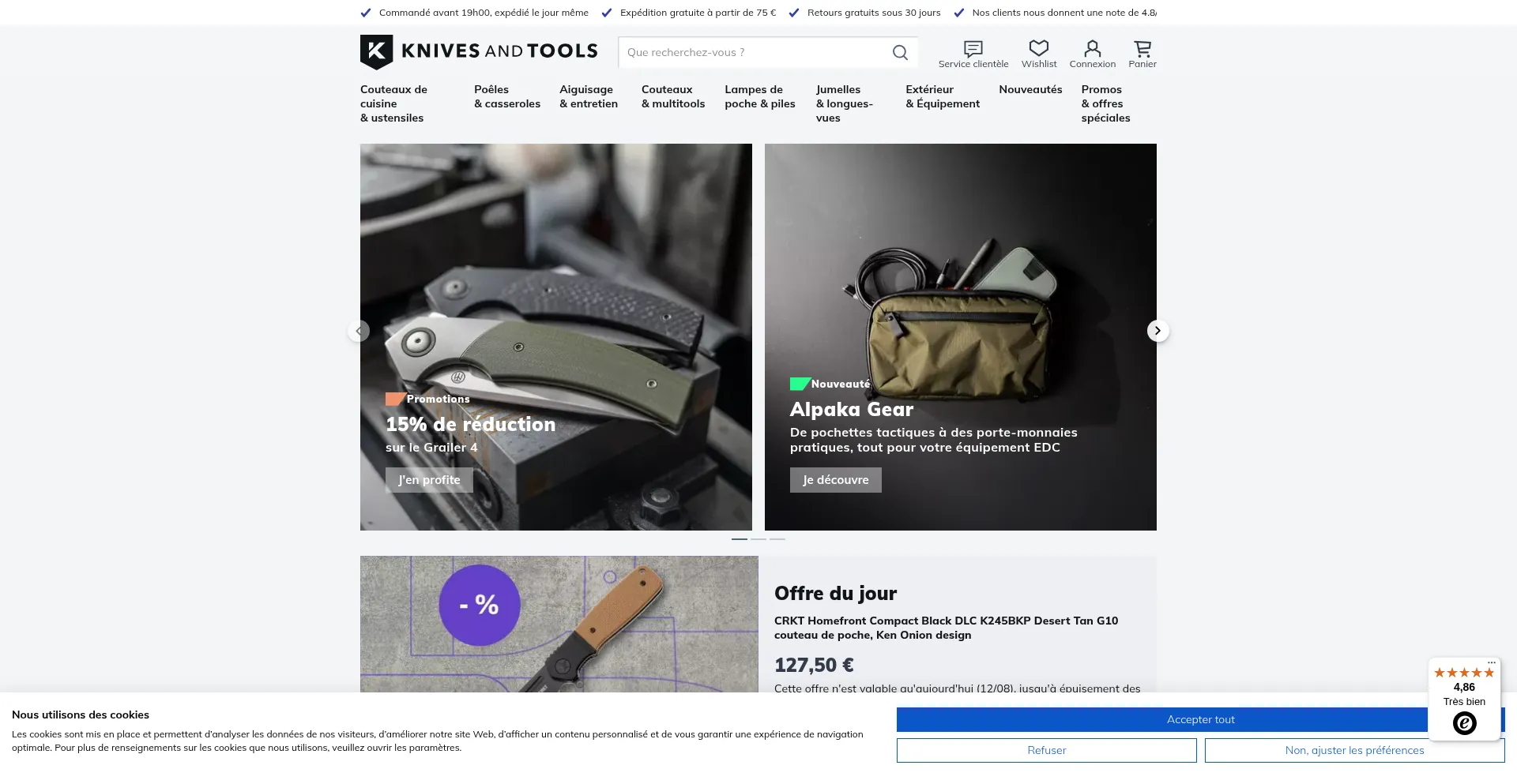 Website screenshot of Knivesandtools.fr