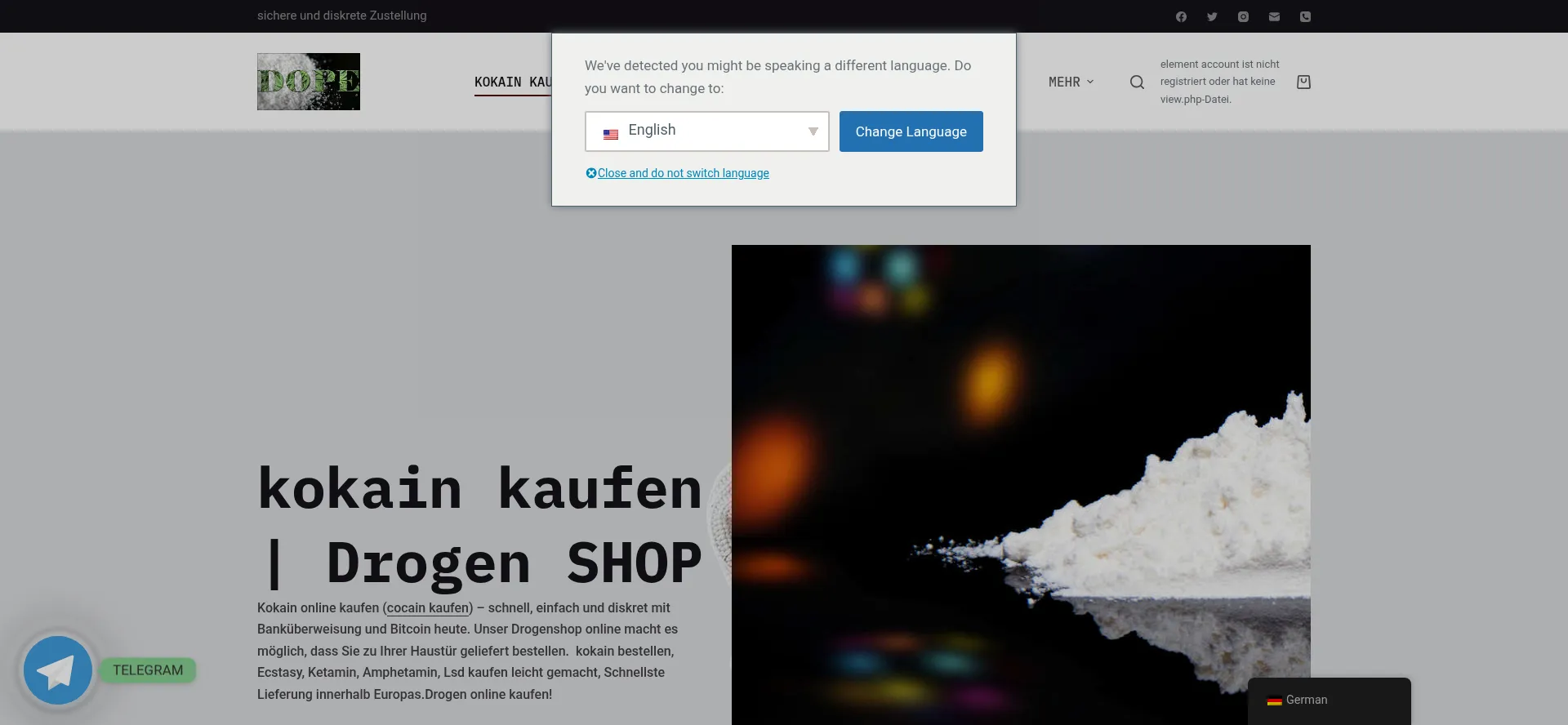 Website screenshot of Kokaindrogekaufen.com