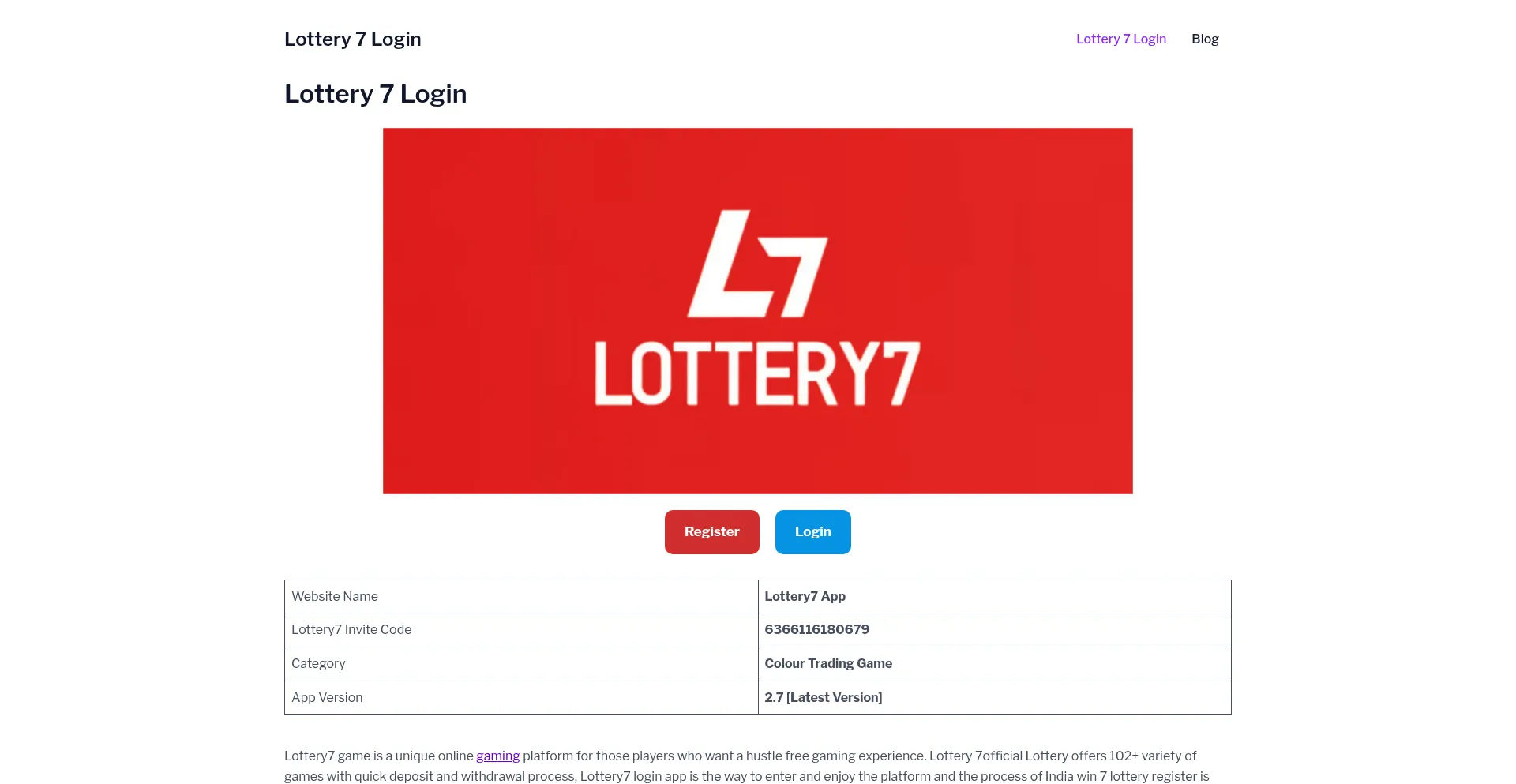 Website screenshot of L7lottery7.com