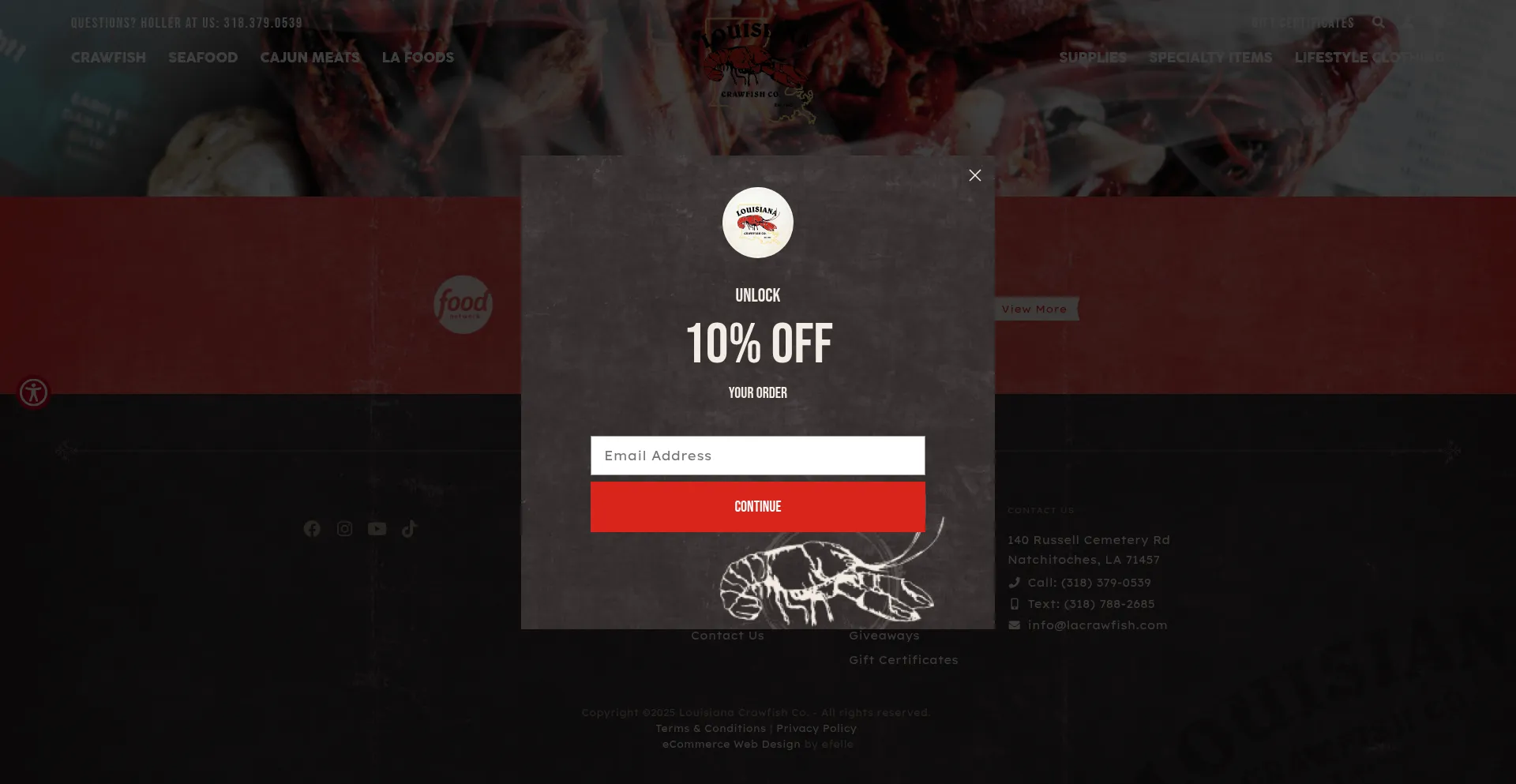 Website screenshot of Lacrawfish.com