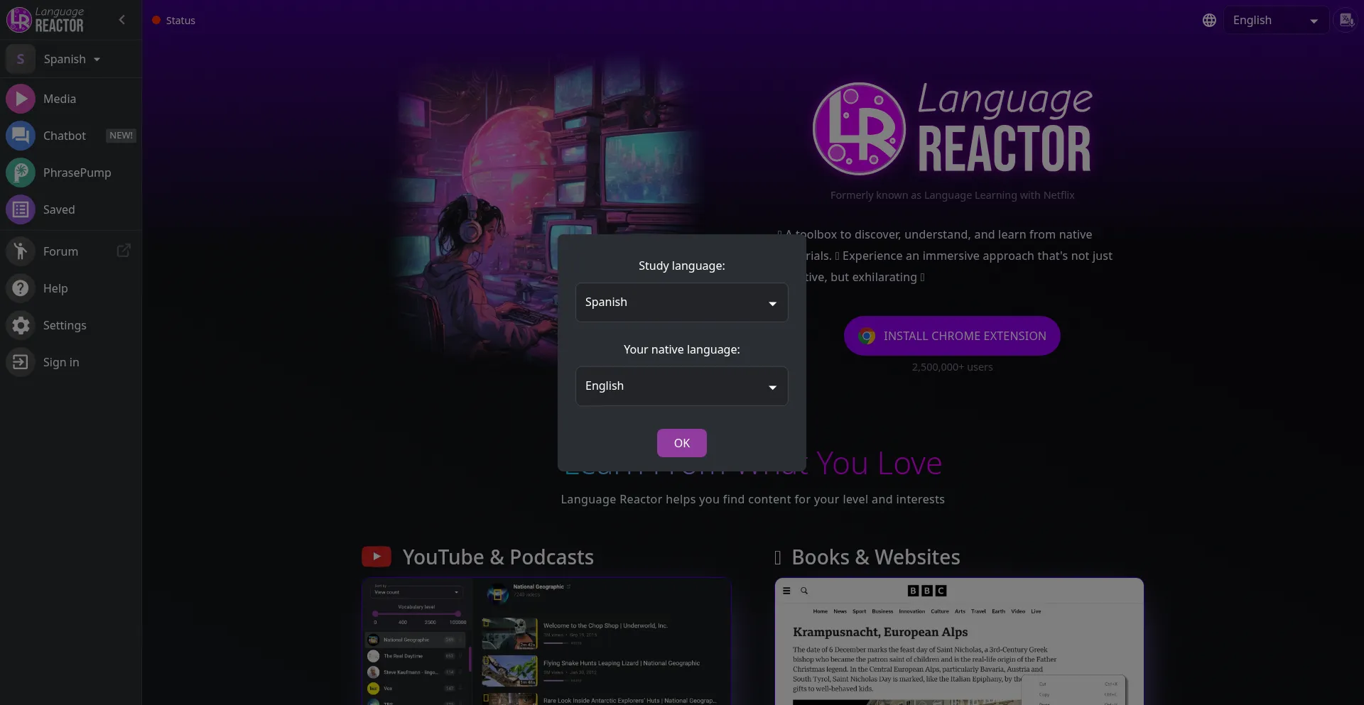Website screenshot of Languagereactor.com
