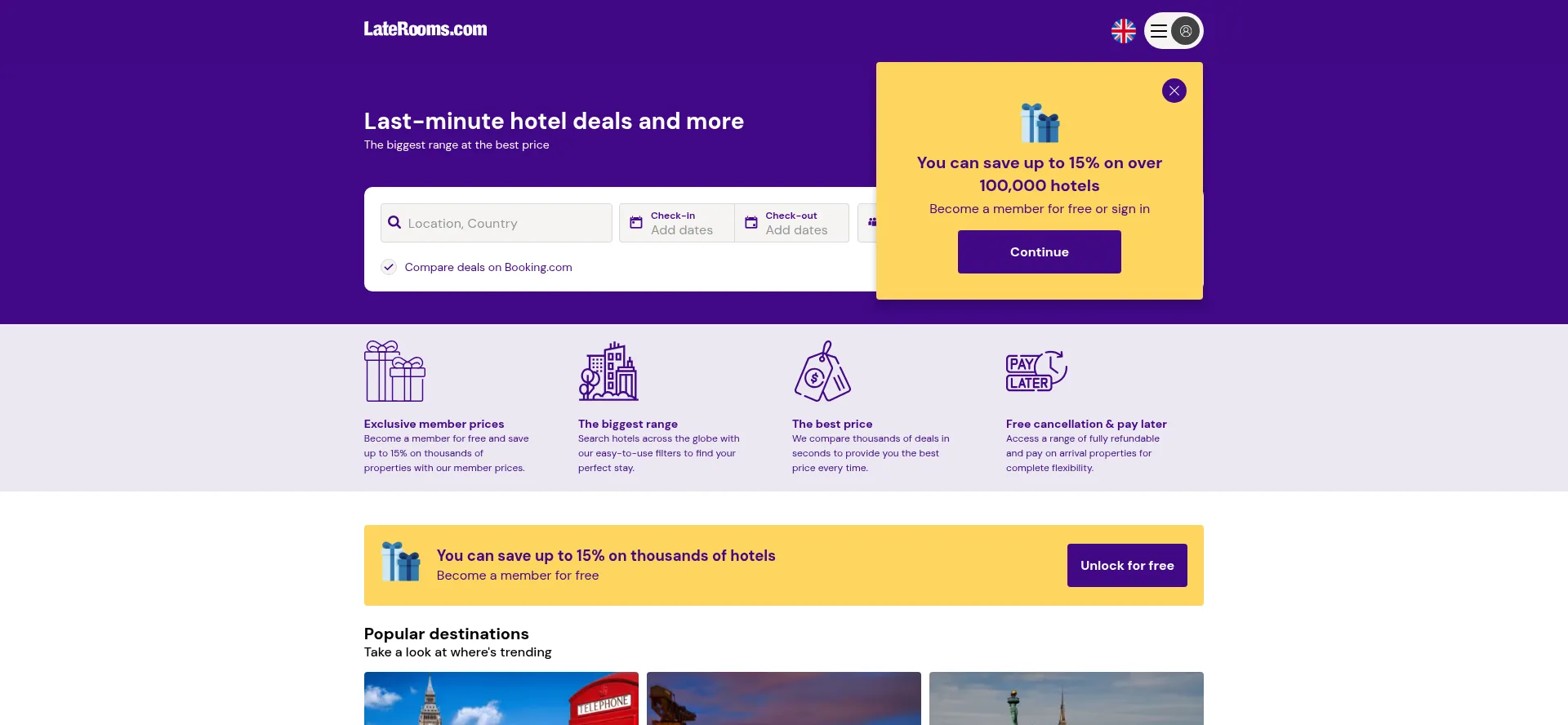 Website screenshot of Laterooms.com