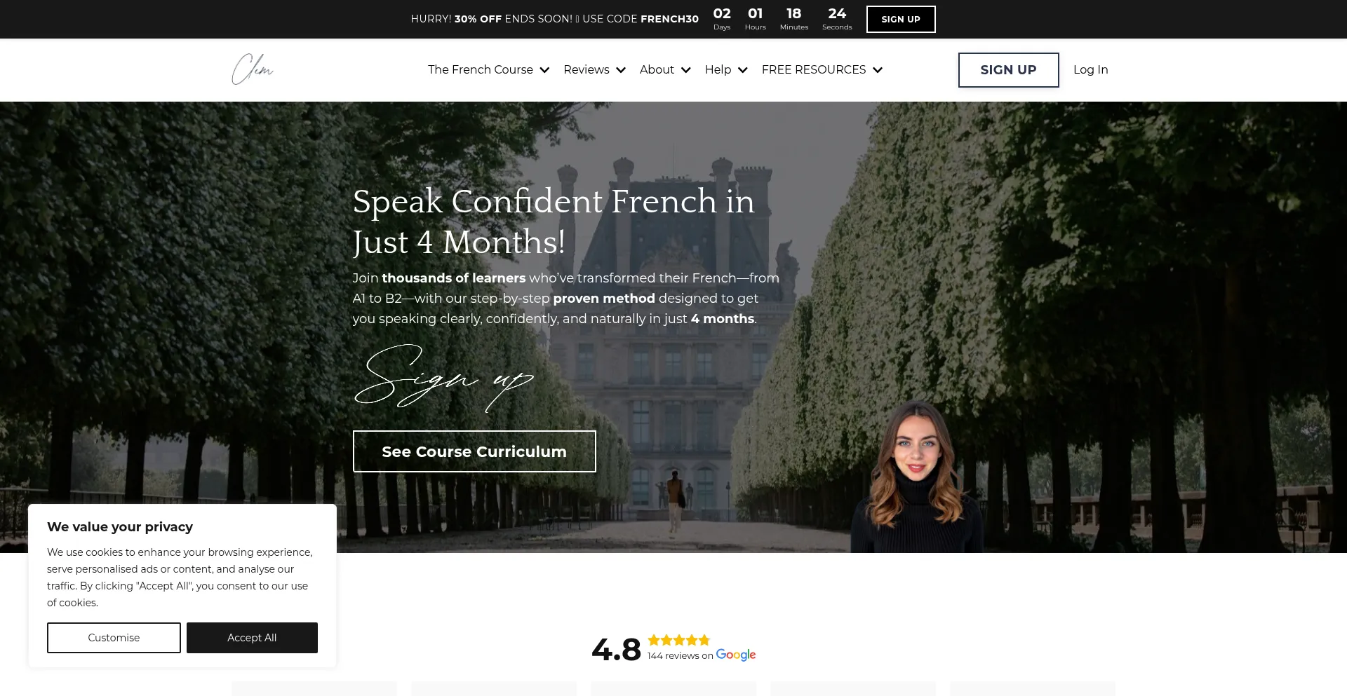 Website screenshot of Learnfrenchwithclemence.com