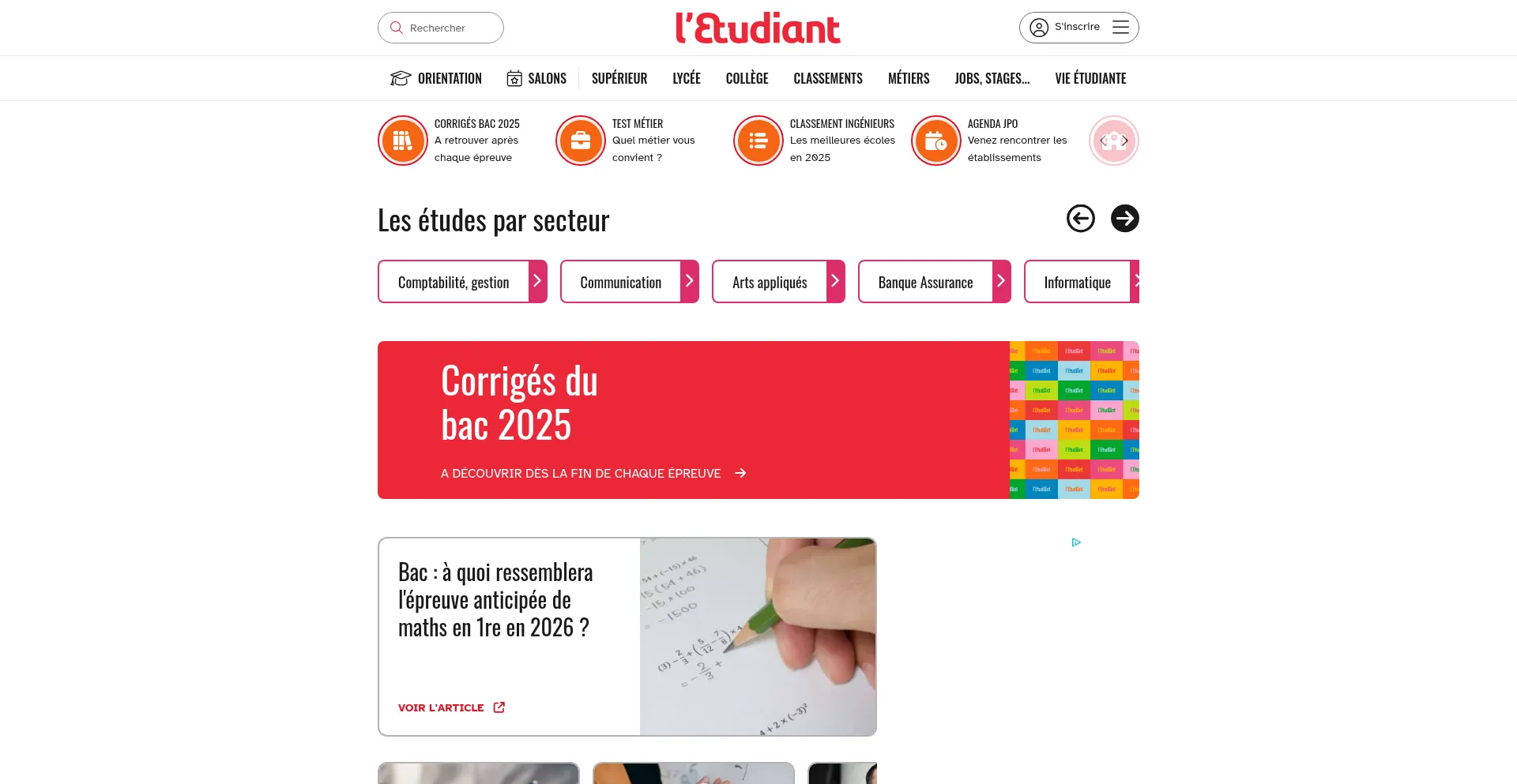 Website screenshot of Letudiant.fr