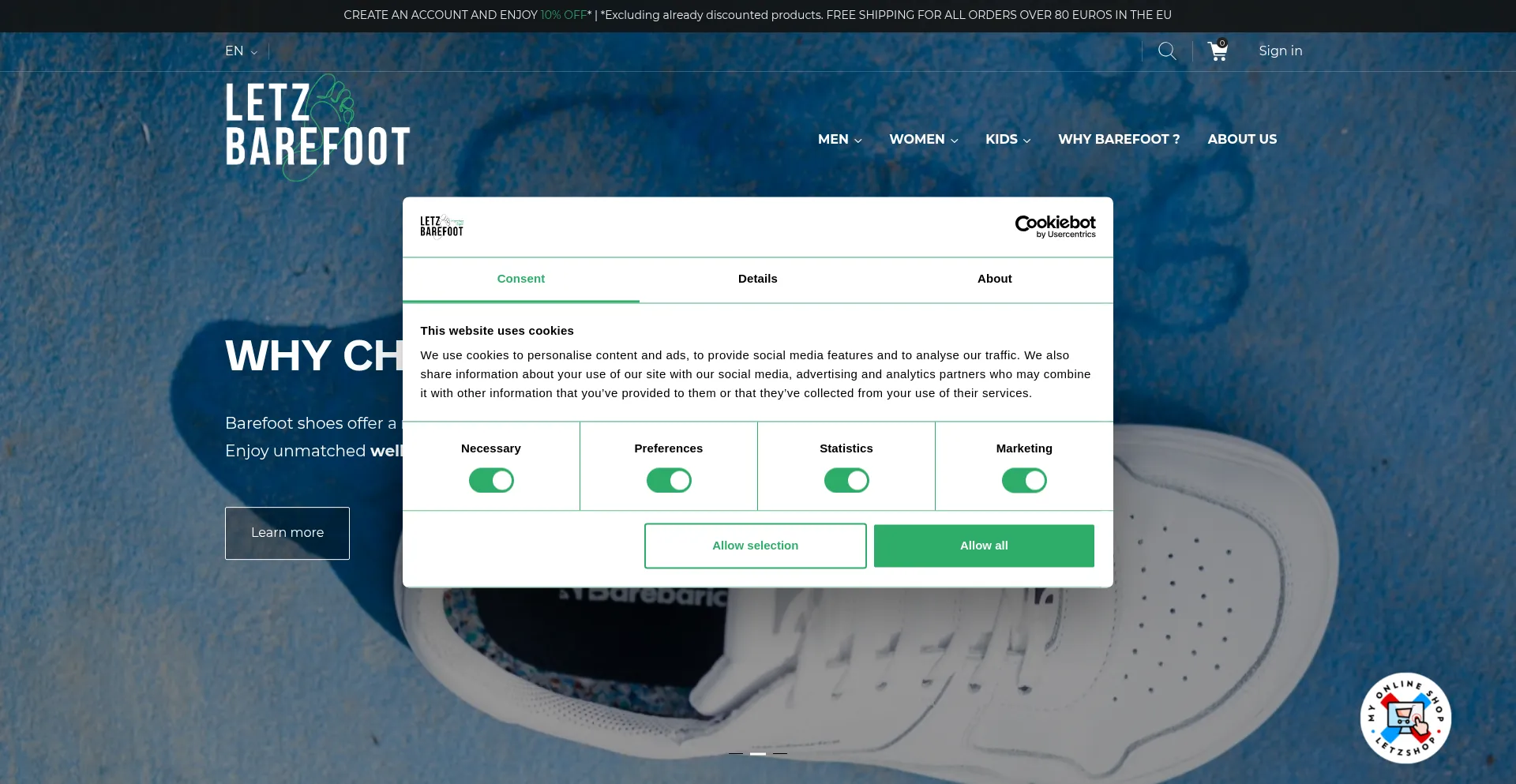 Website screenshot of Letzbarefoot.com