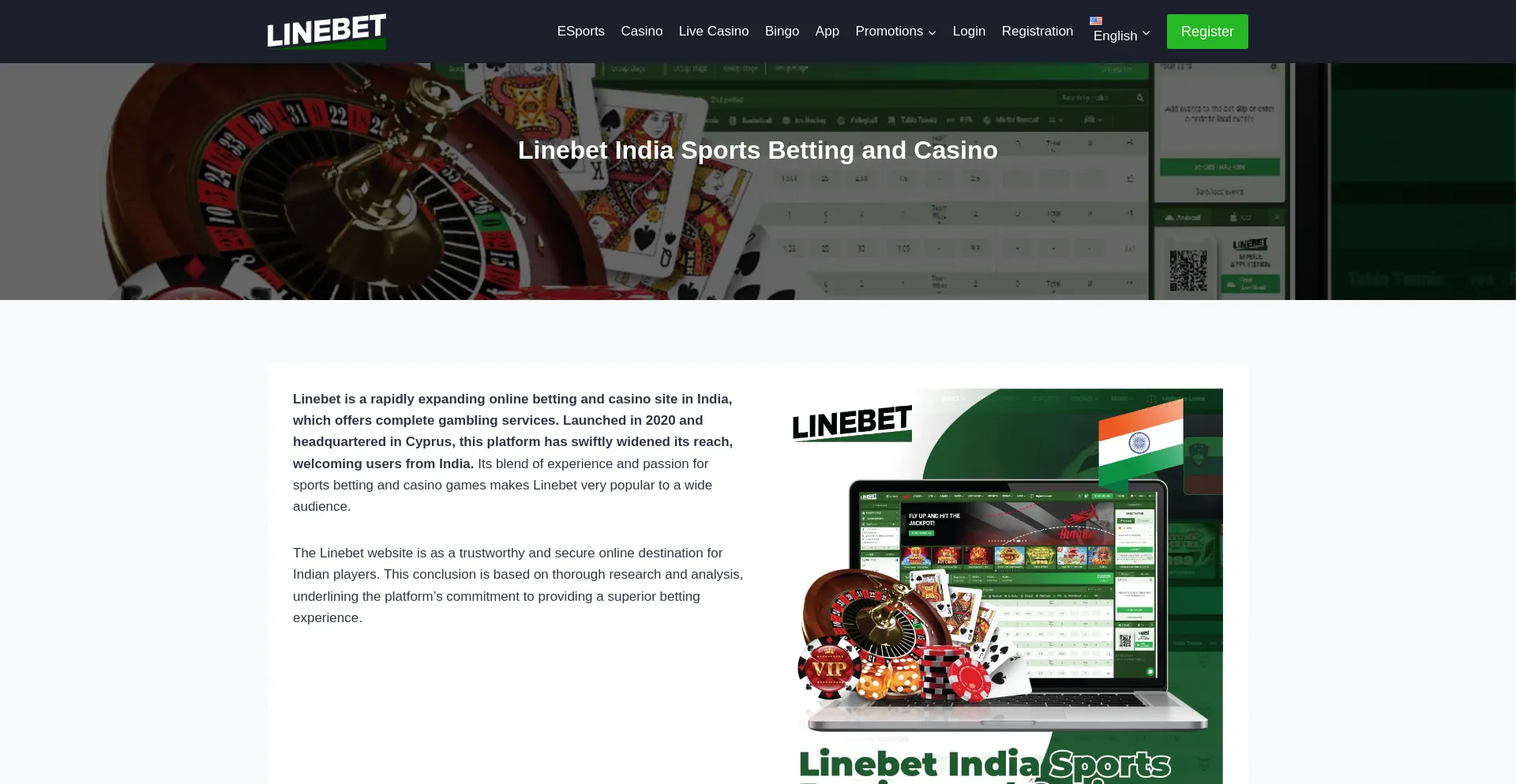 Website screenshot of Linebet.in