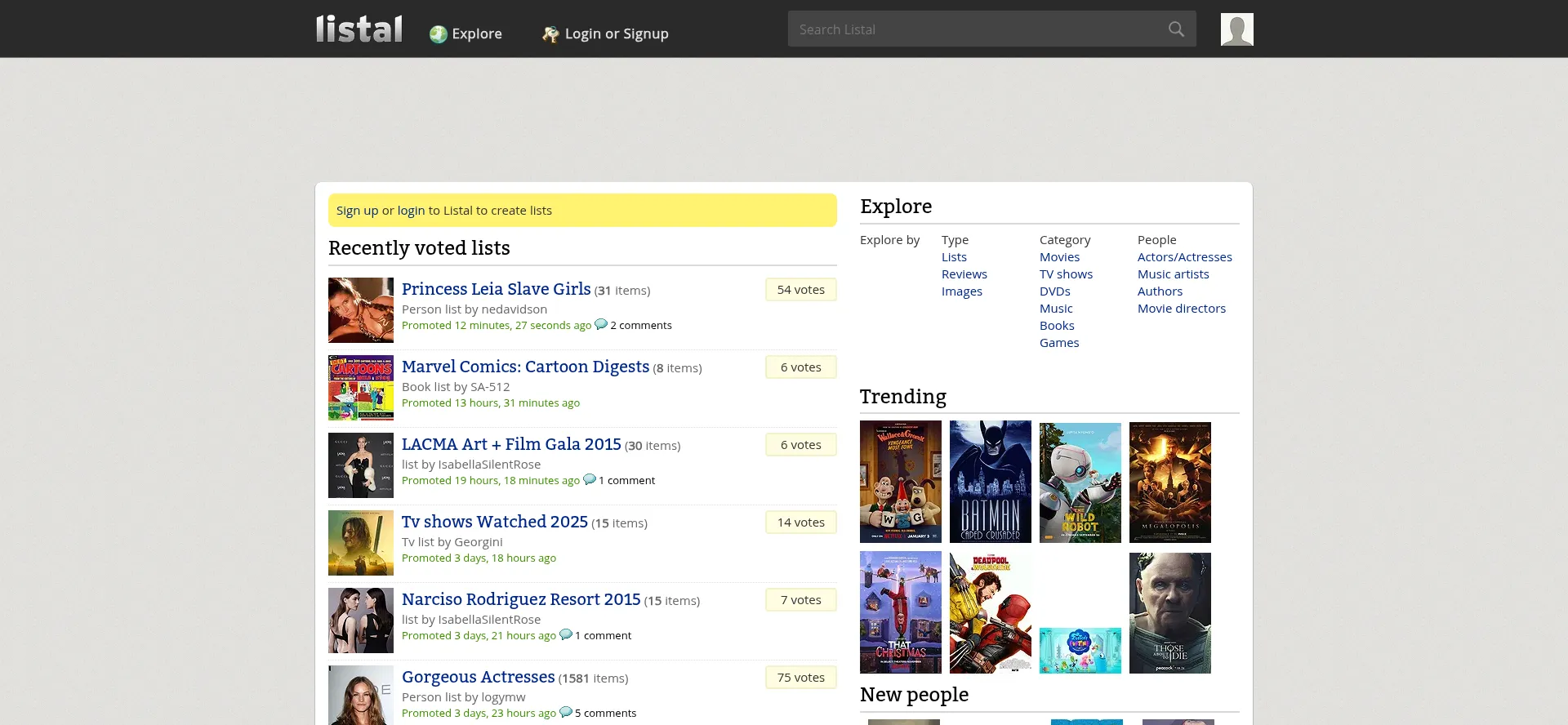 Website screenshot of Listal.com