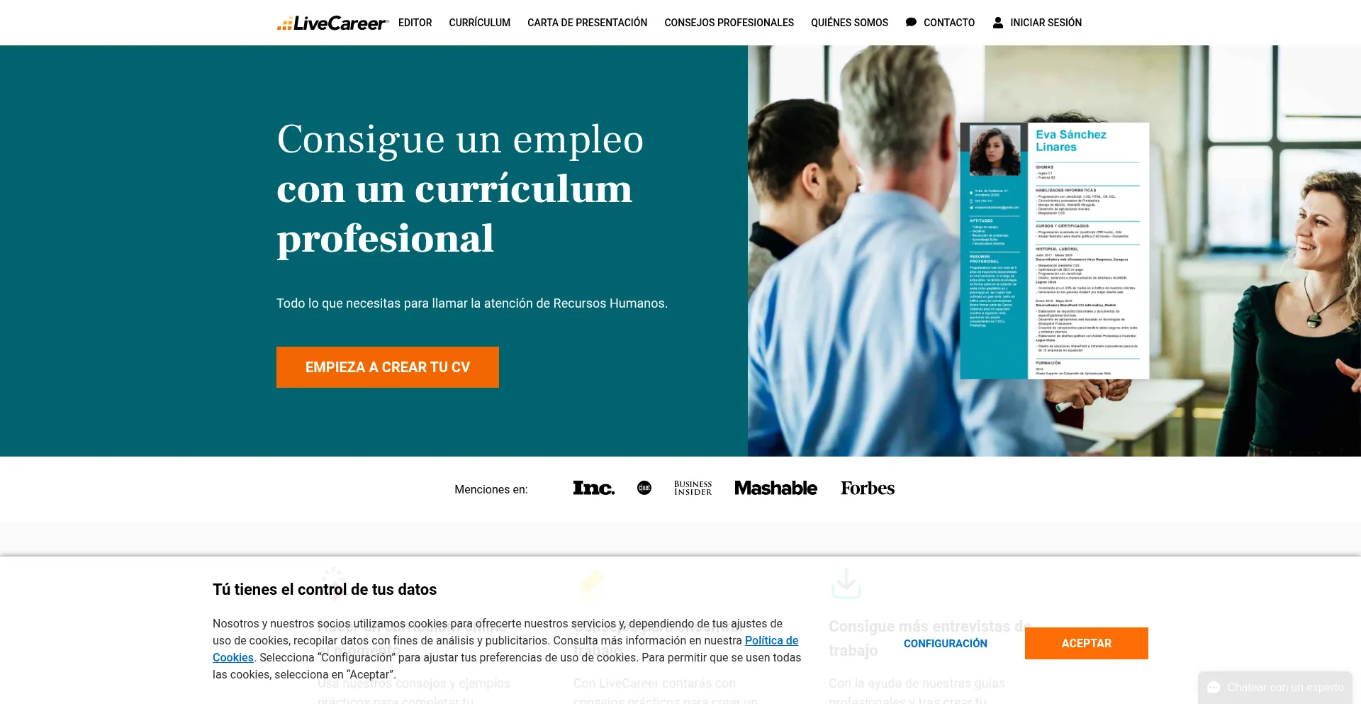 Website screenshot of Livecareer.es
