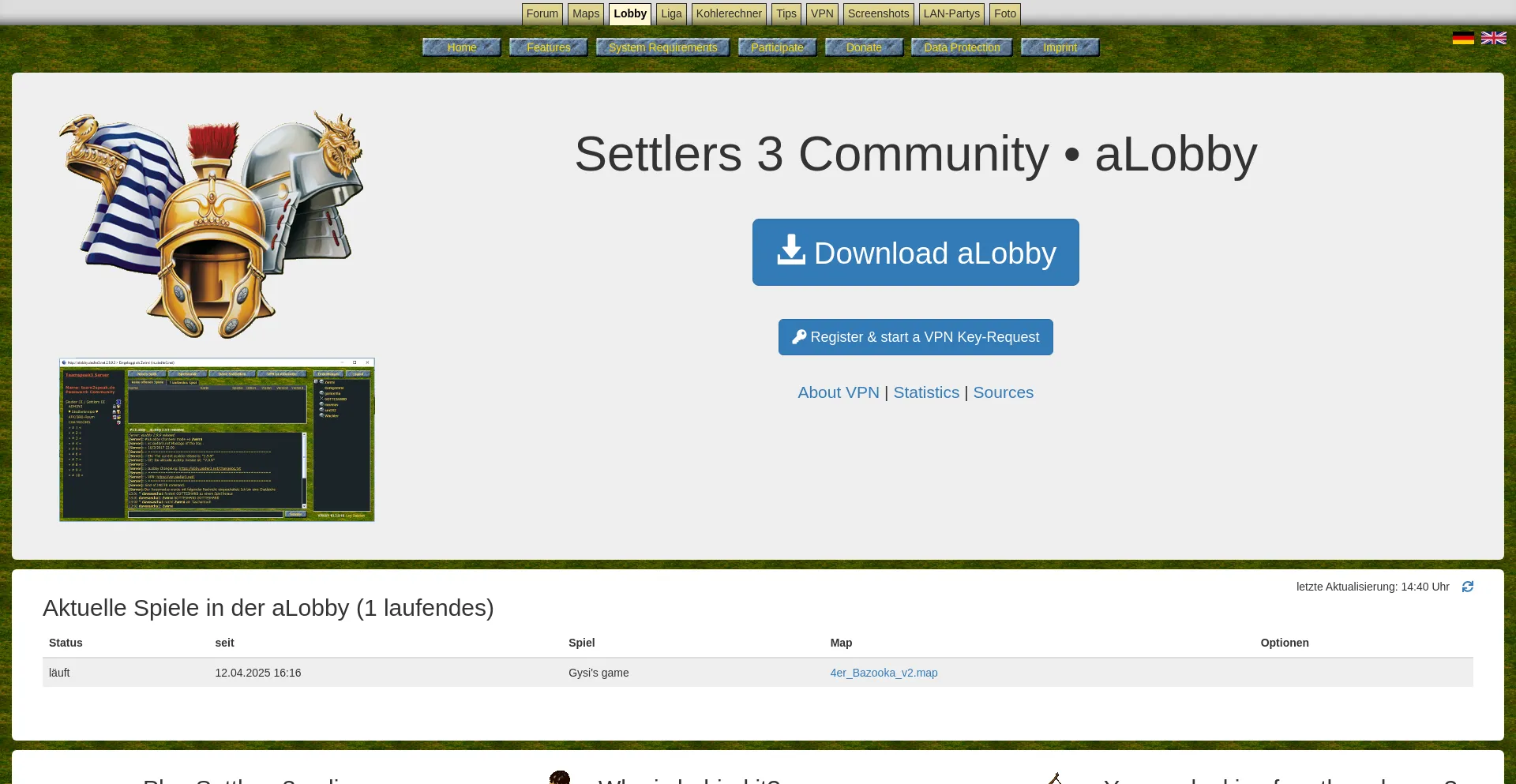 Website screenshot of Lobby.siedler3.net