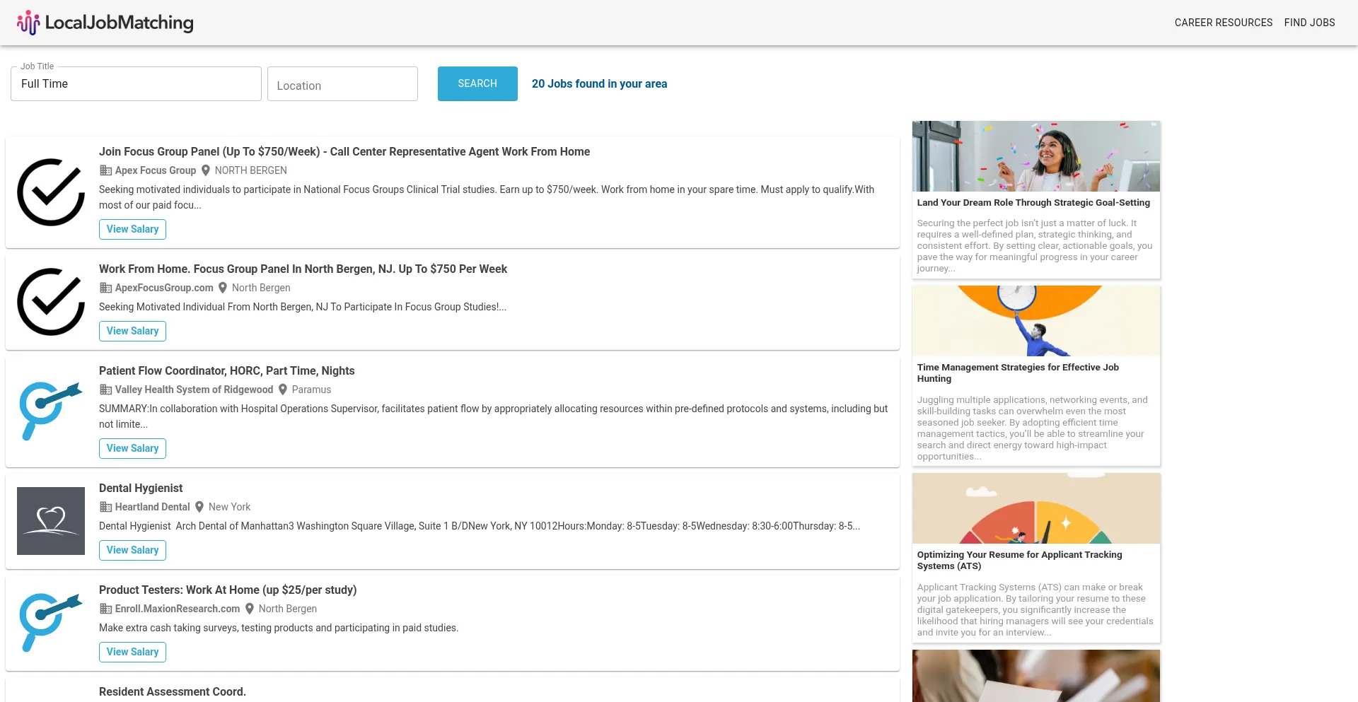 Website screenshot of Localjobmatching.com