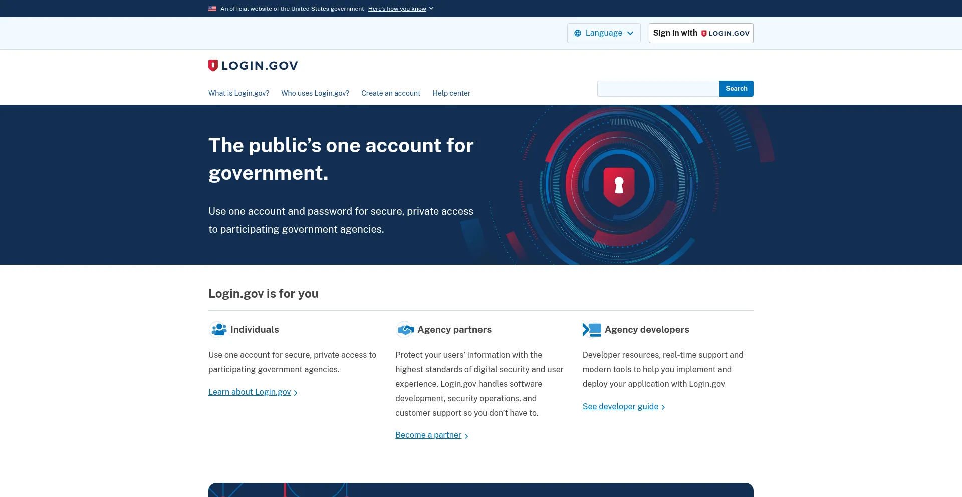 Website screenshot of Login.gov