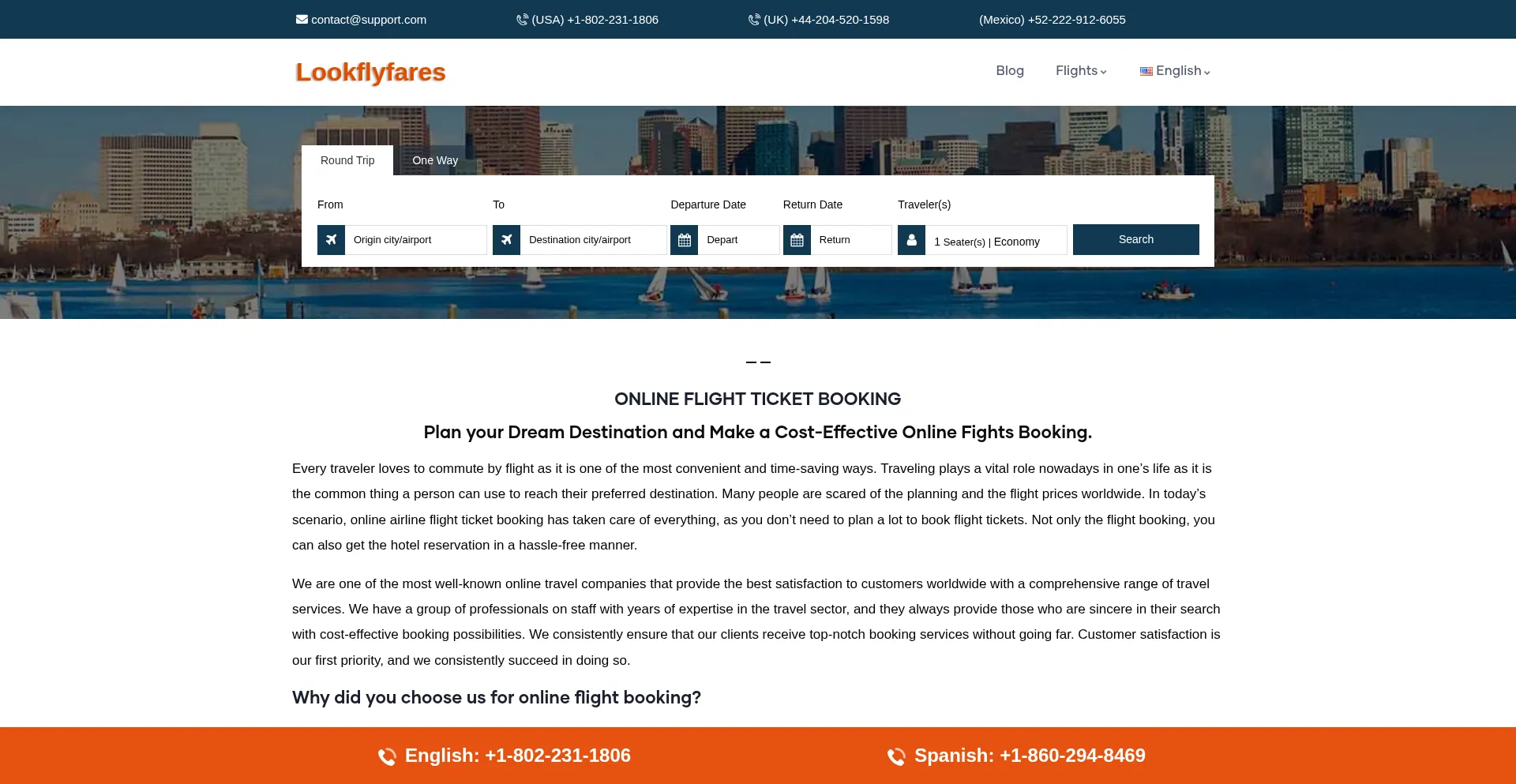 Website screenshot of Lookflyfares.com