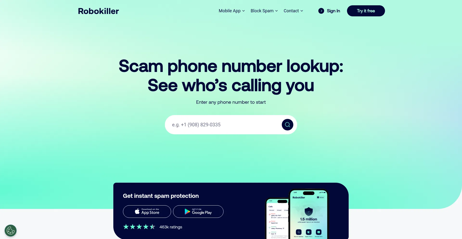 Website screenshot of Lookup.robokiller.com