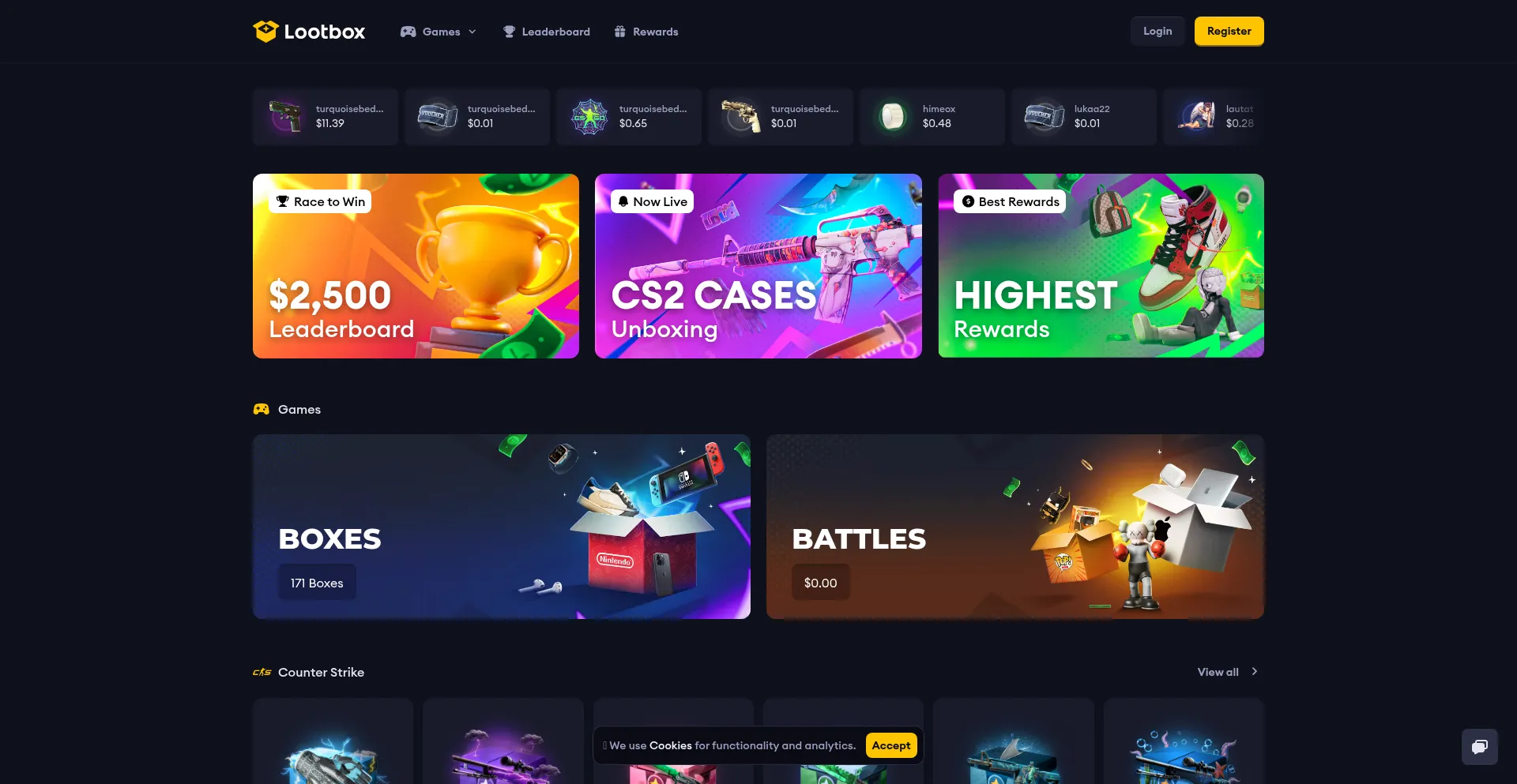 Website screenshot of Lootbox.com