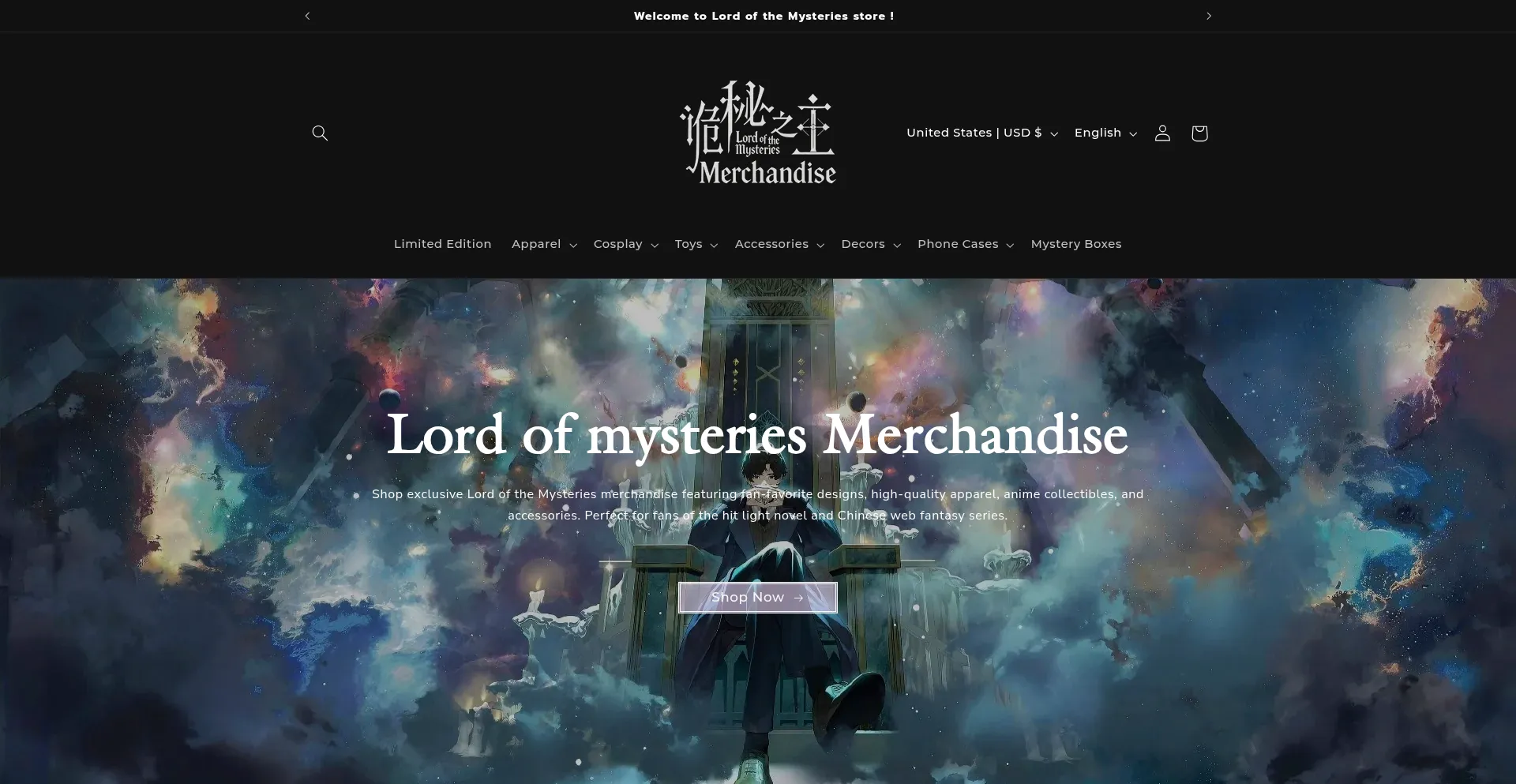 Website screenshot of Lordofthemysteriesmerch.com