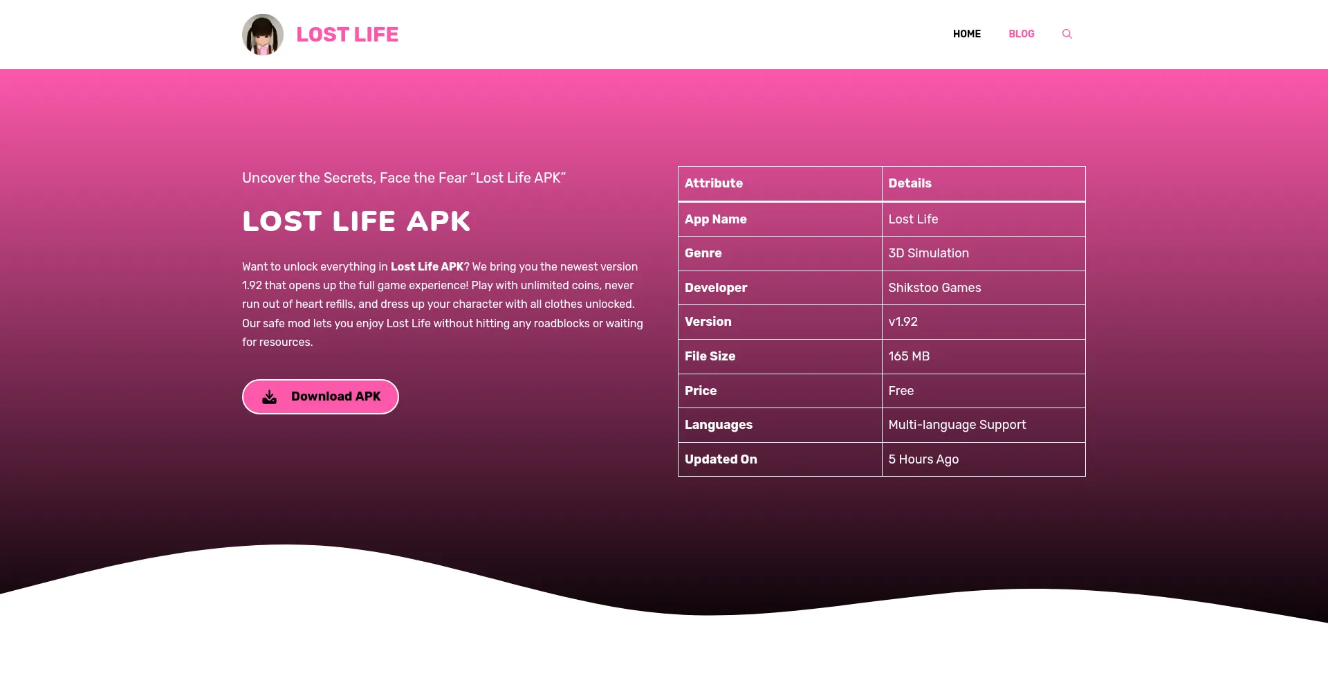 Website screenshot of Lostapk.life