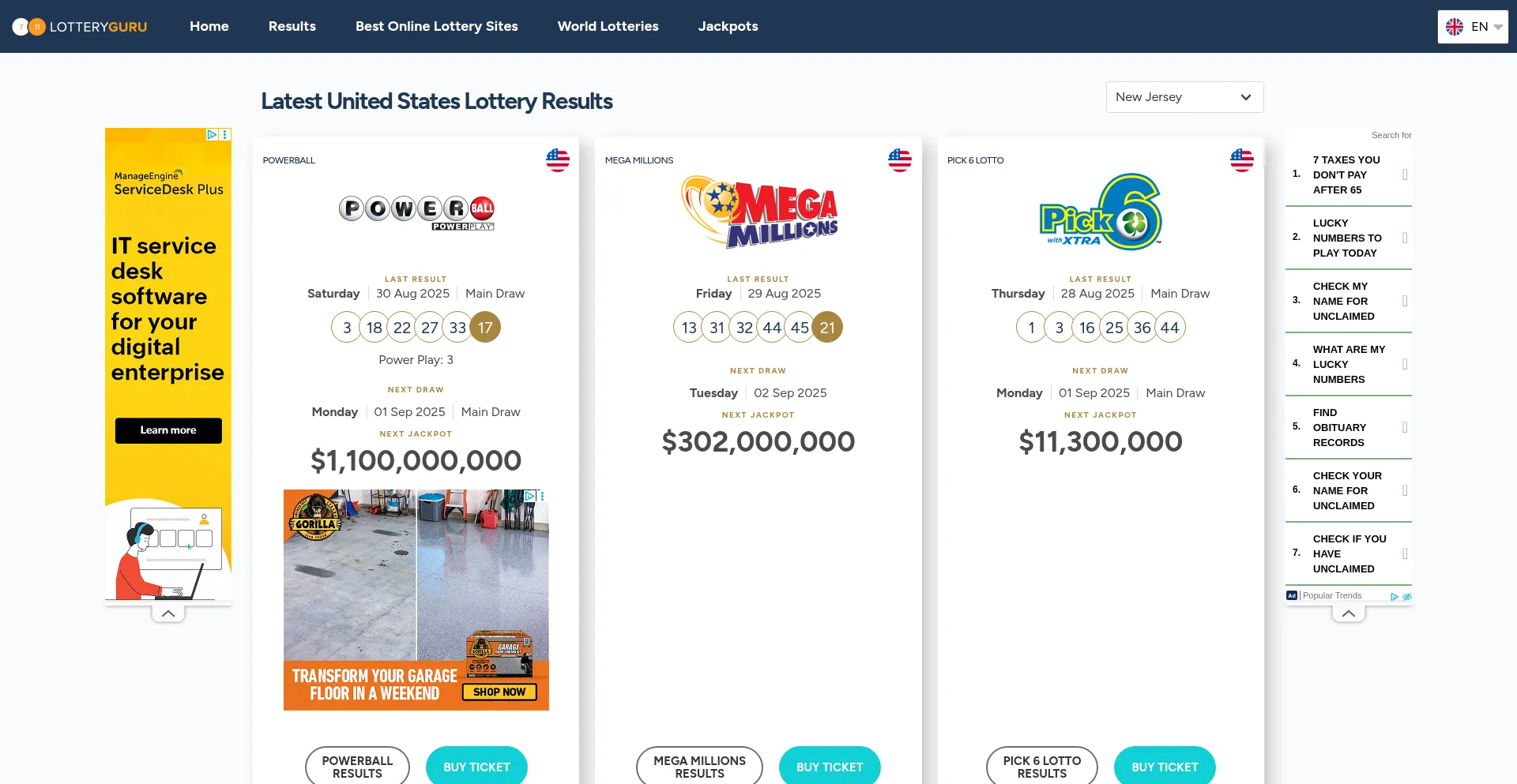 Website screenshot of Lotteryguru.com