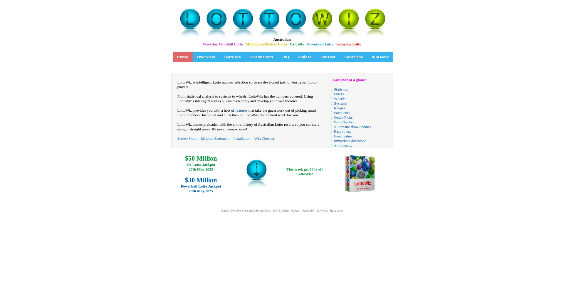 Website screenshot of Lottowiz.com.au
